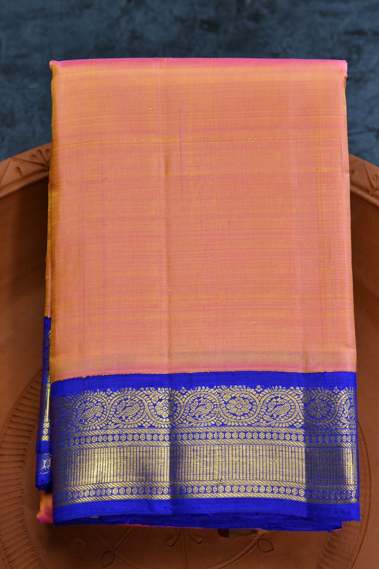  Contrast Border Pinkish Orange Kanchipuram Silk Saree 