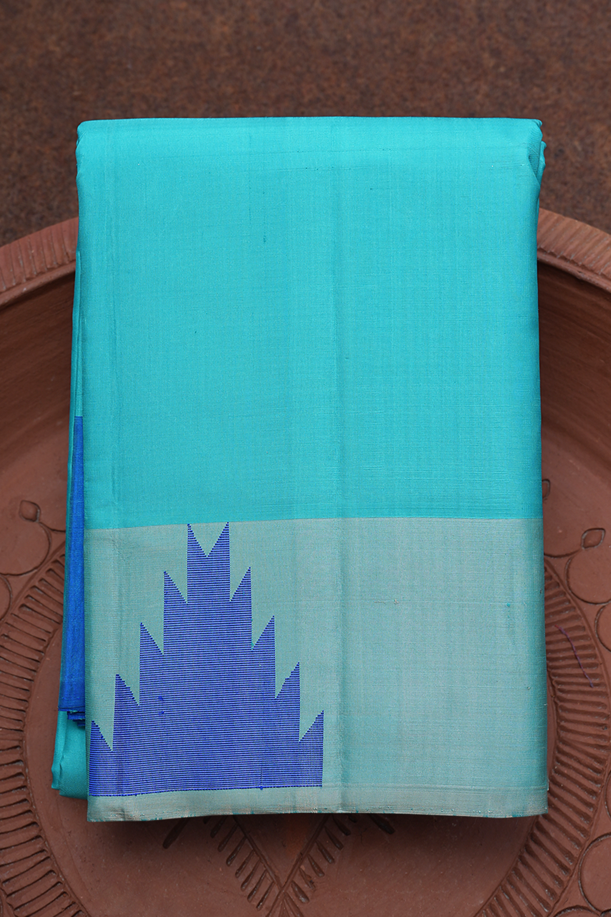  Temple Border Plain Turquoise Blue Kanchipuram Silk Saree 