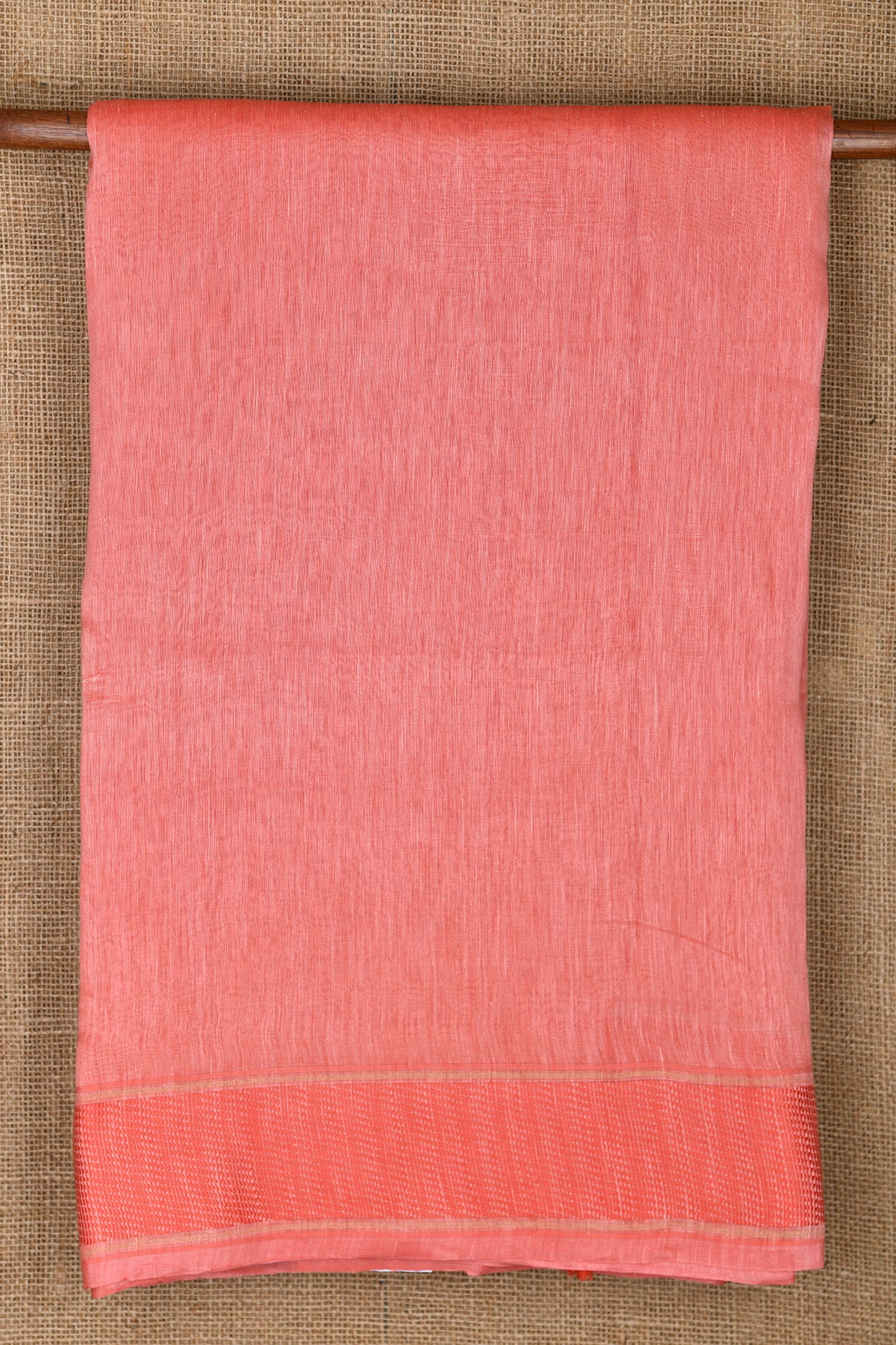  Thread Work Woven Border In Plain Salmon Pink Linen Cotton Saree 