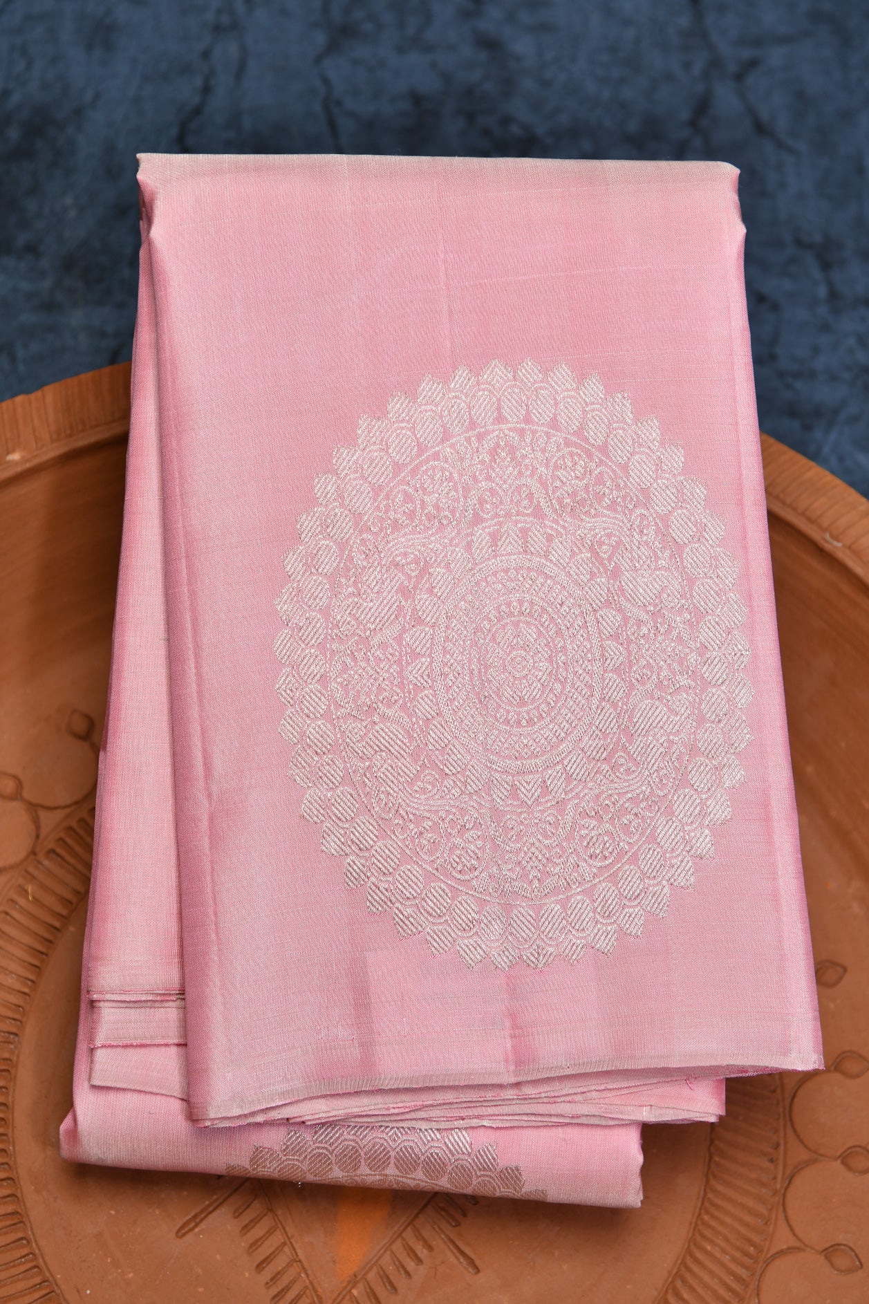  Silver Zari Mandala Motif Baby Pink Kanchipuram Silk Saree 