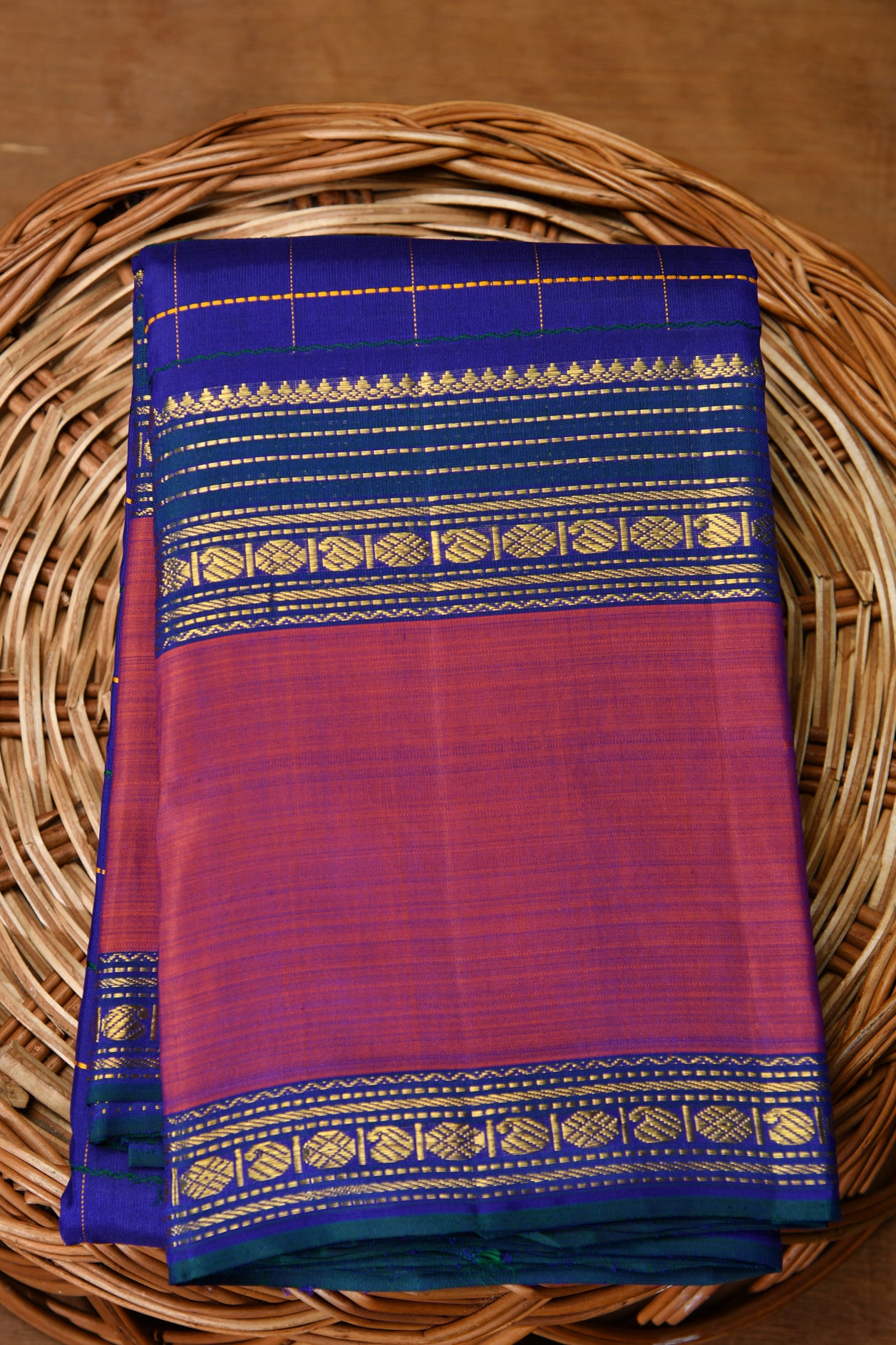  Threaded Checked Design Berry Blue Kanchipuram Silk Saree 