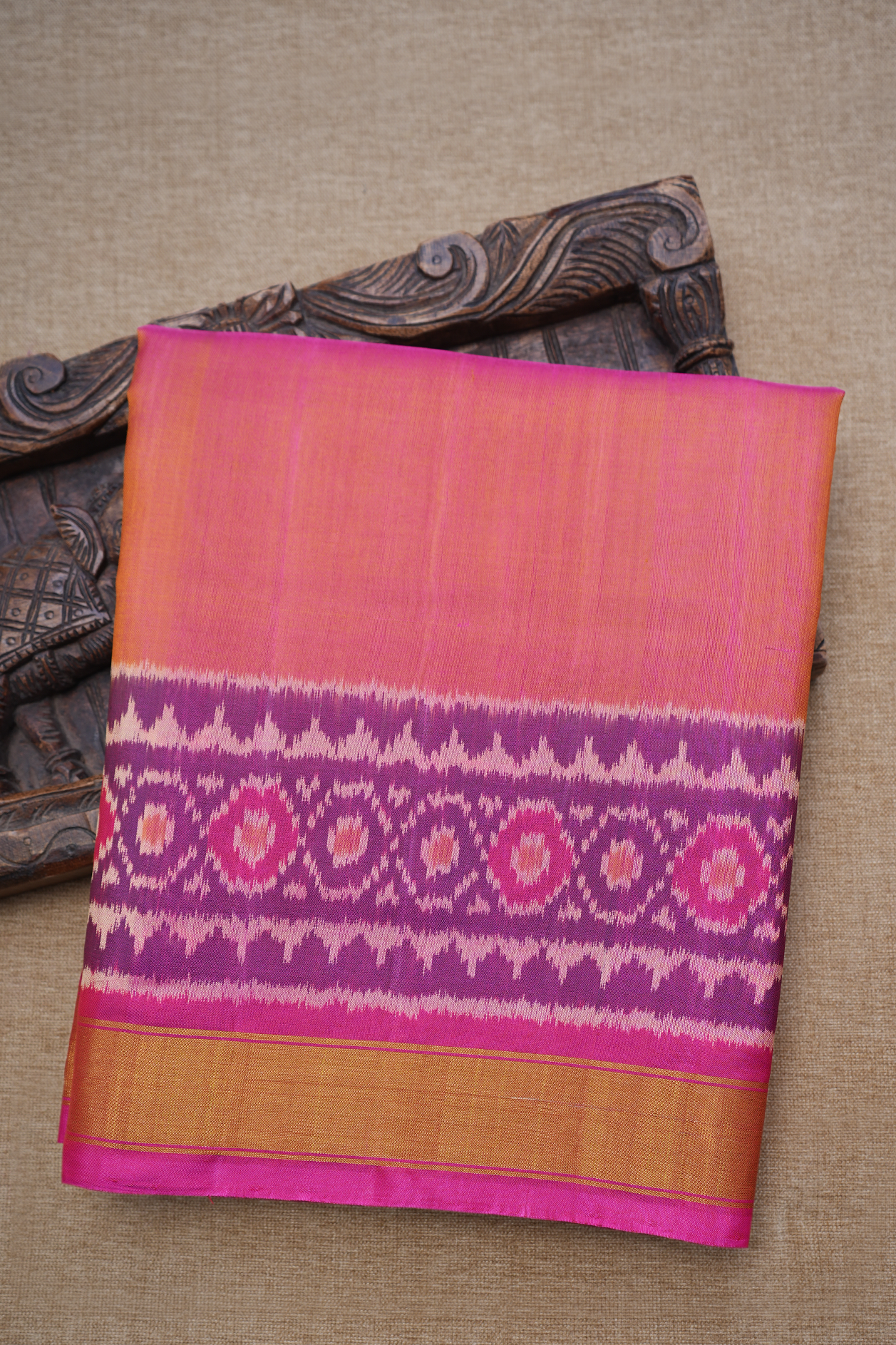  Contrast Border Coral Orange Patola Silk Saree 