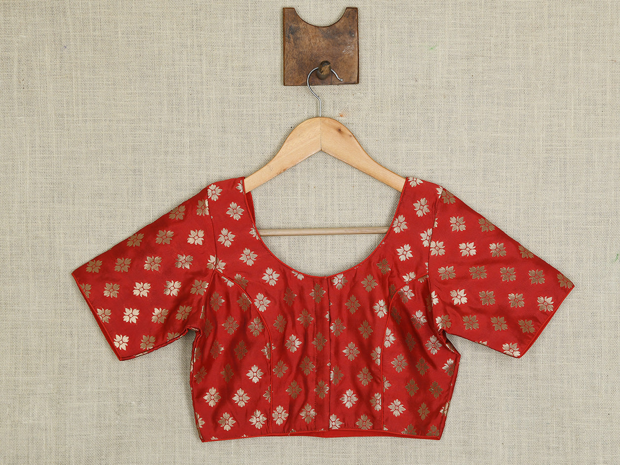  U-Neck Floral Zari Butta Red Banaras Silk Readymade Blouse 