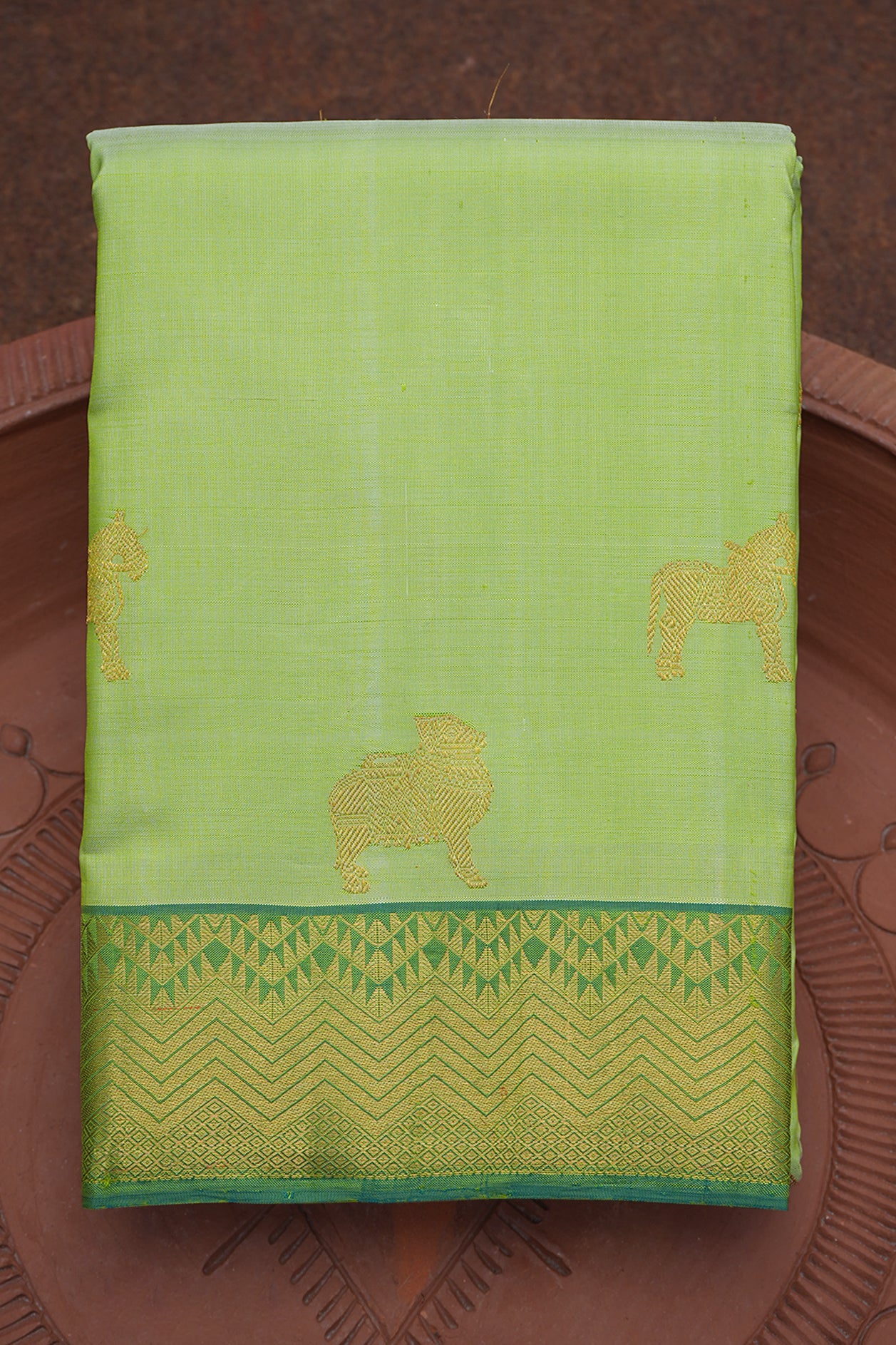  Animal Zari Motifs Pastel Green Kanchipuram Silk Saree 