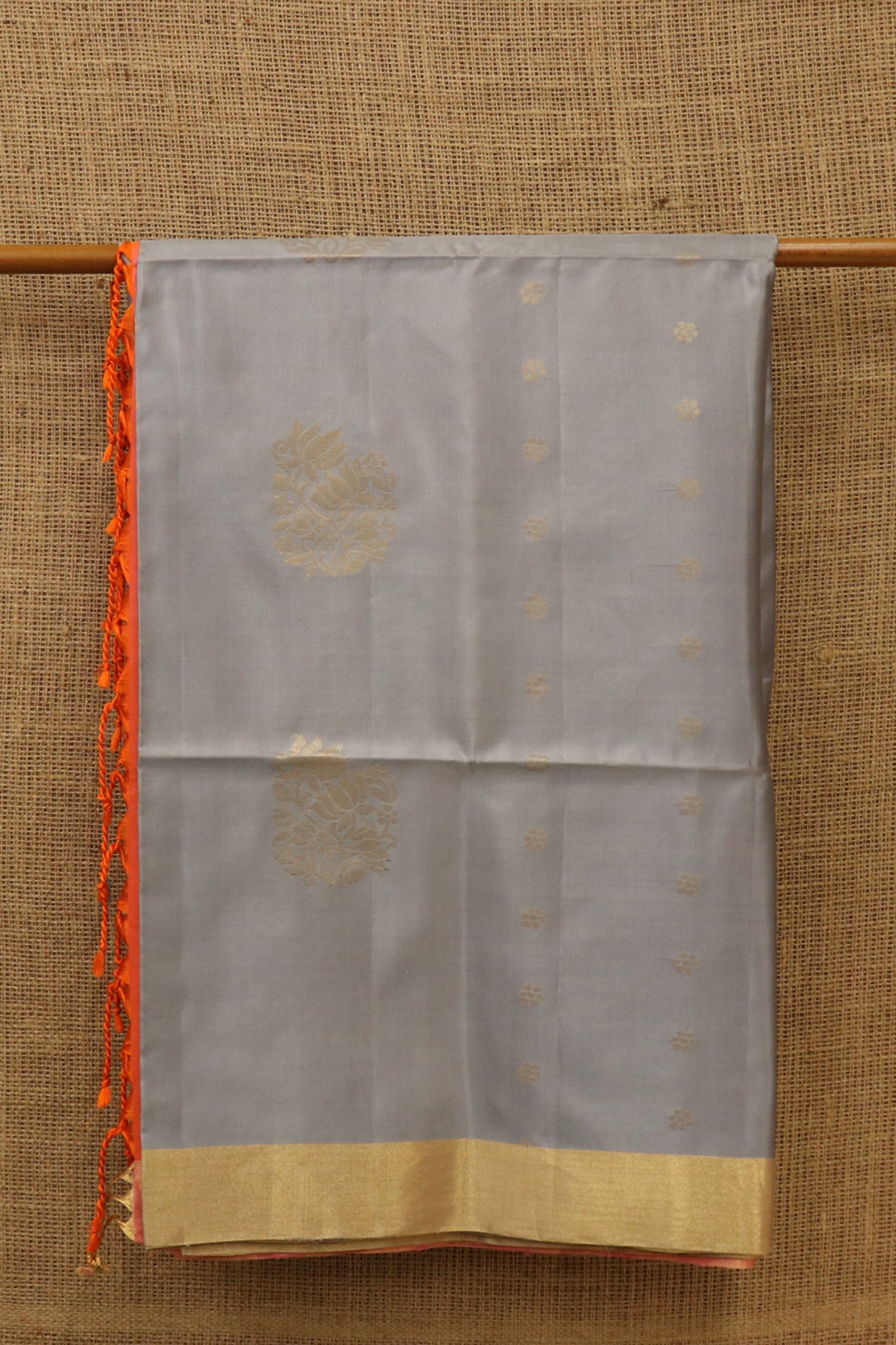  Lotus Floral Zari Motif Grey Kanchipuram Silk Saree 