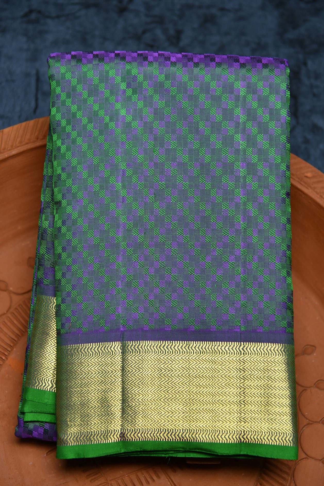  Chevron Border Peacock Green Kanchipuram Silk Saree 