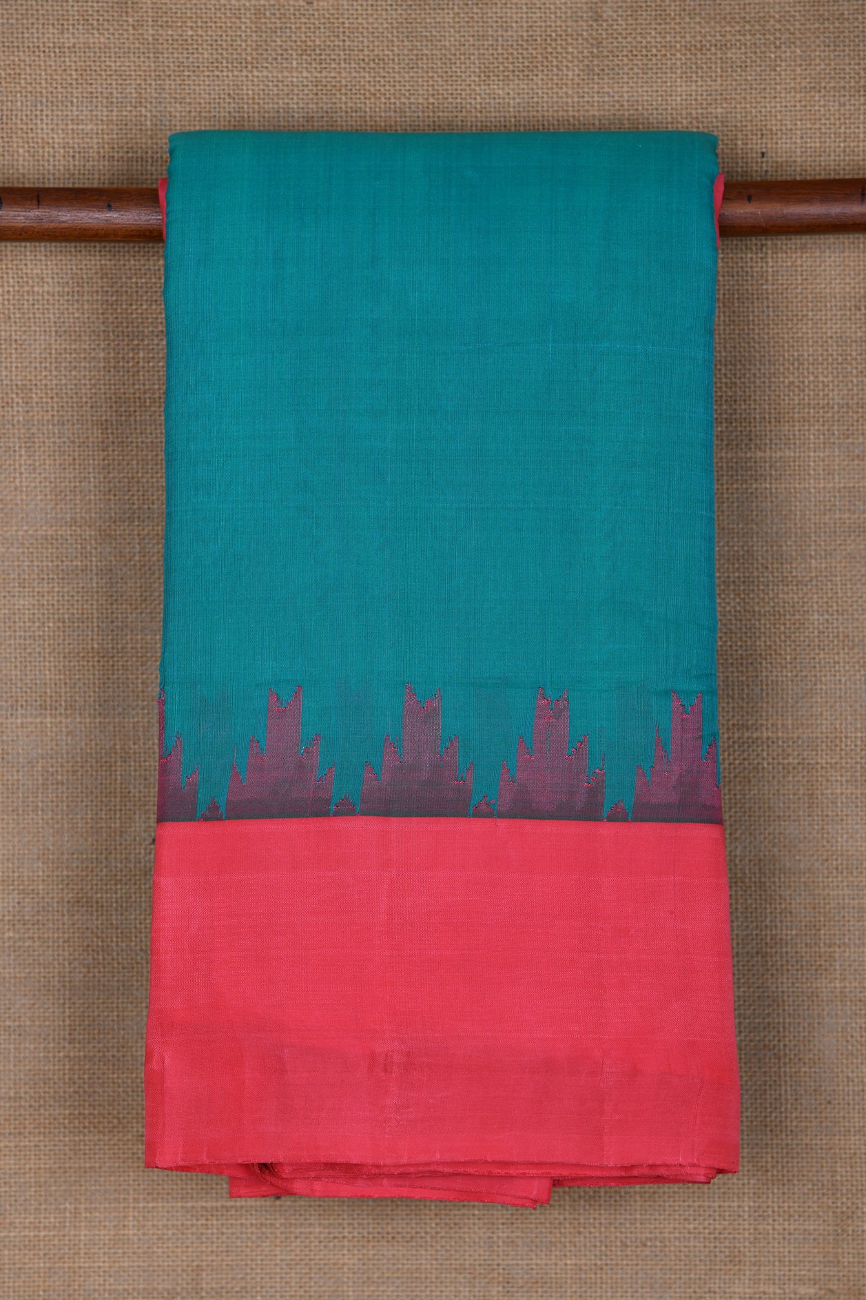  Contrast Temple Border In Plain Teal Green Gadwal Cotton Saree 