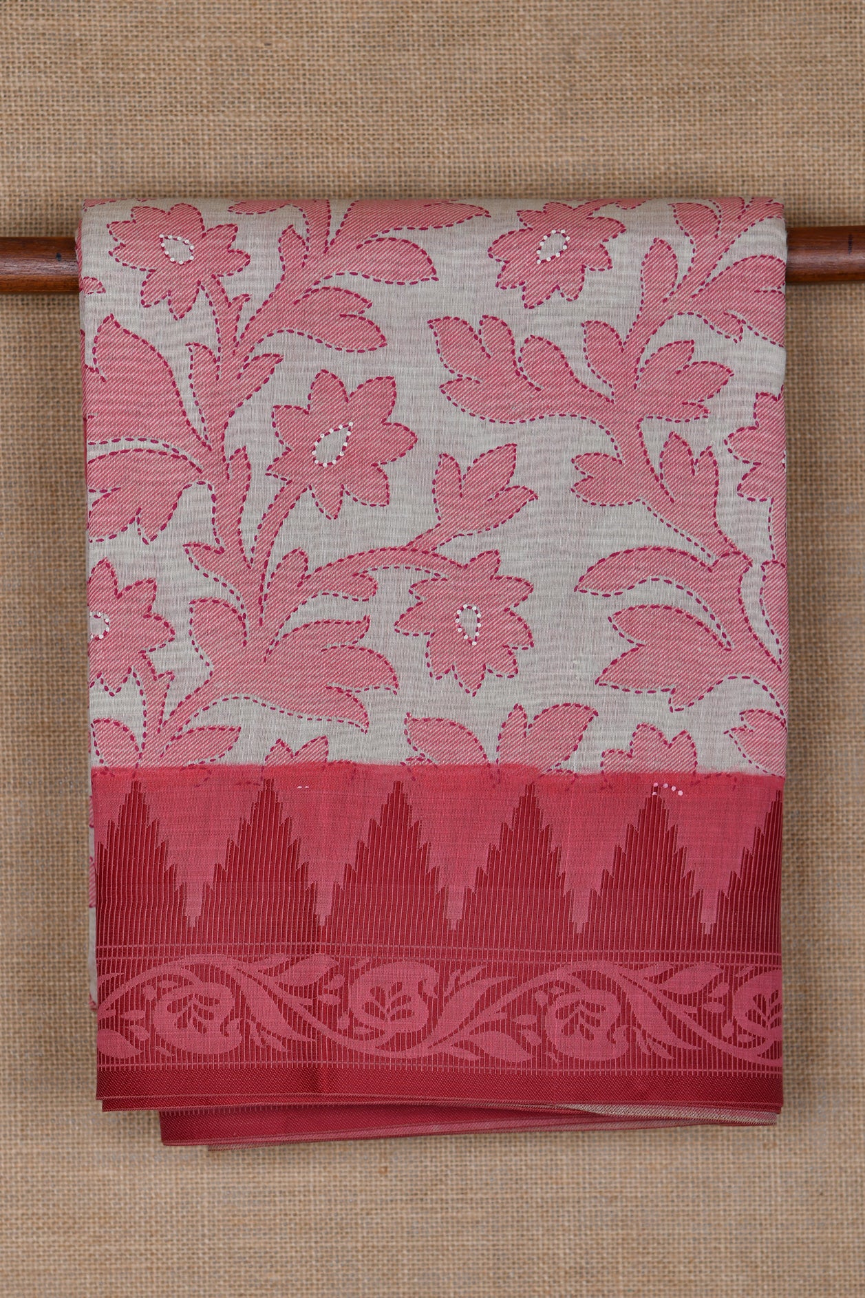  Allover Floral Pattern Pink And Cream Chanderi Cotton Saree 