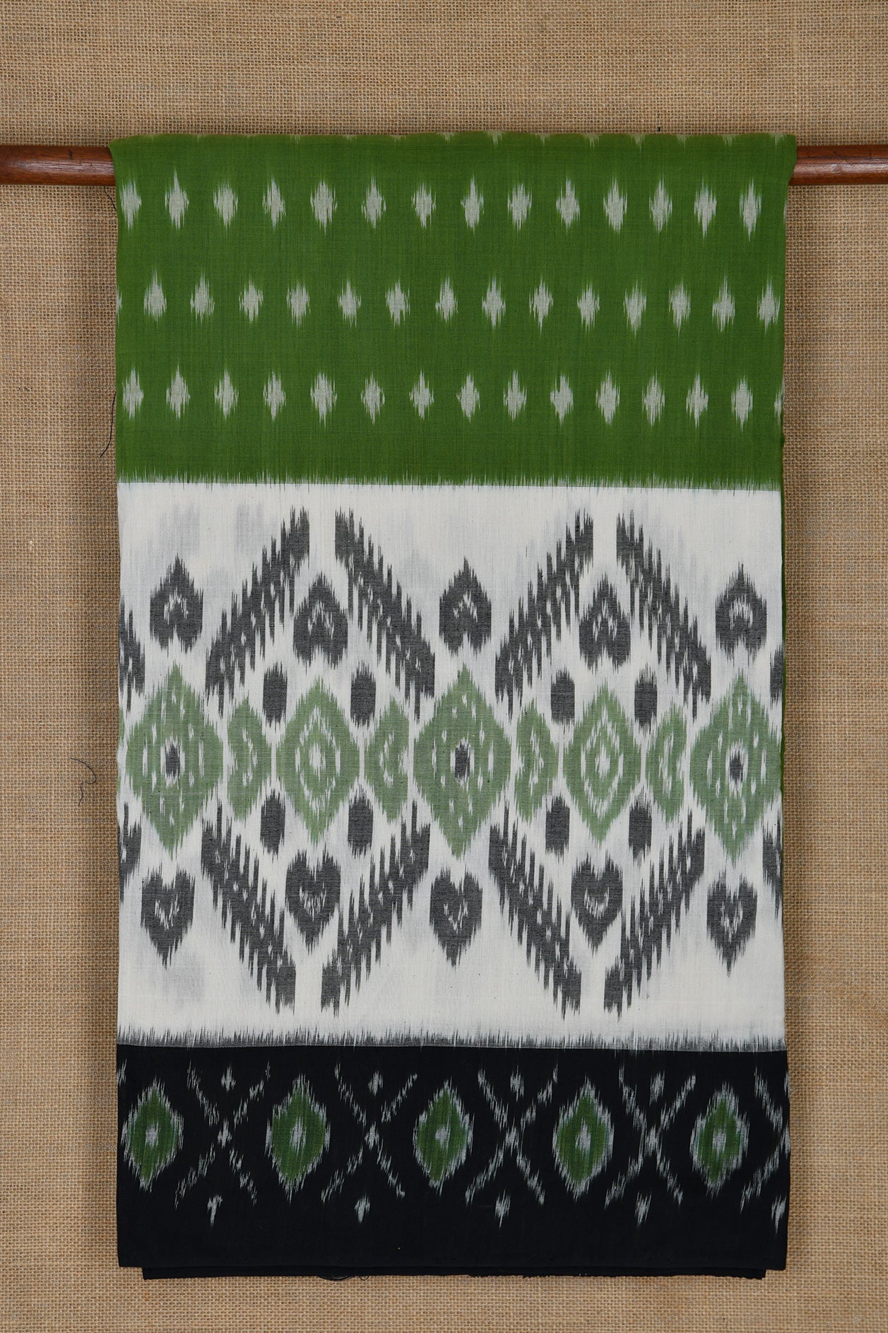  Ikat Design Border with Buttis Olive Green Pochampally Cotton Saree 