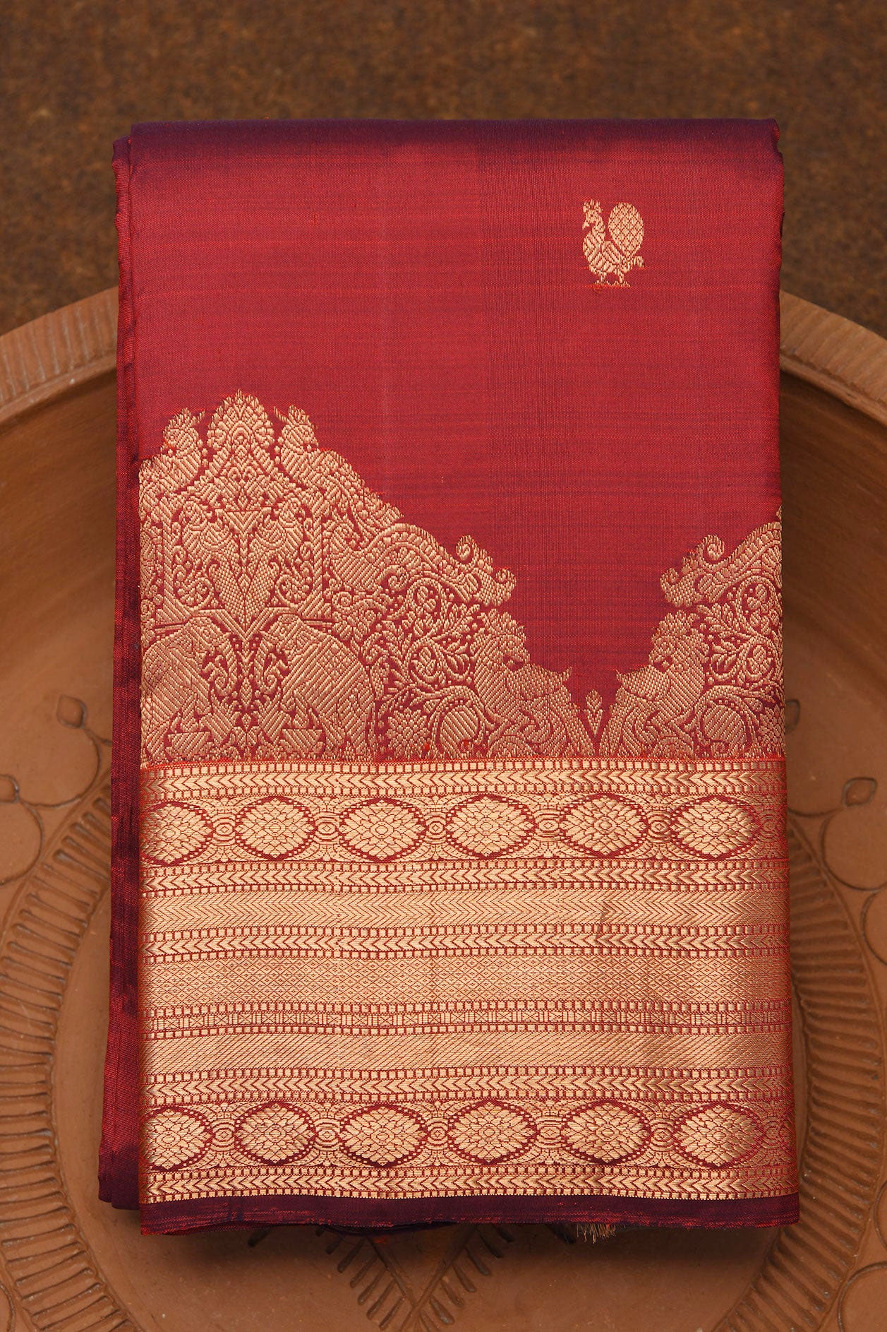  Copper Zari Border With Cart Design And Annam Buttas Maroon Kanchipuram Silk Saree 