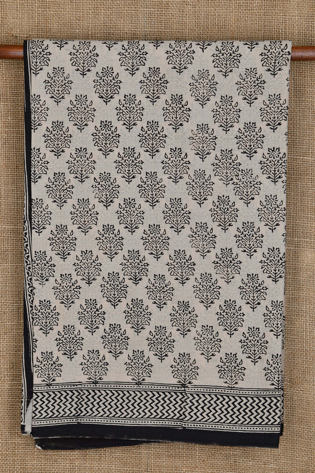  Tree Motif Off White And Black Jaipur Cotton Saree 