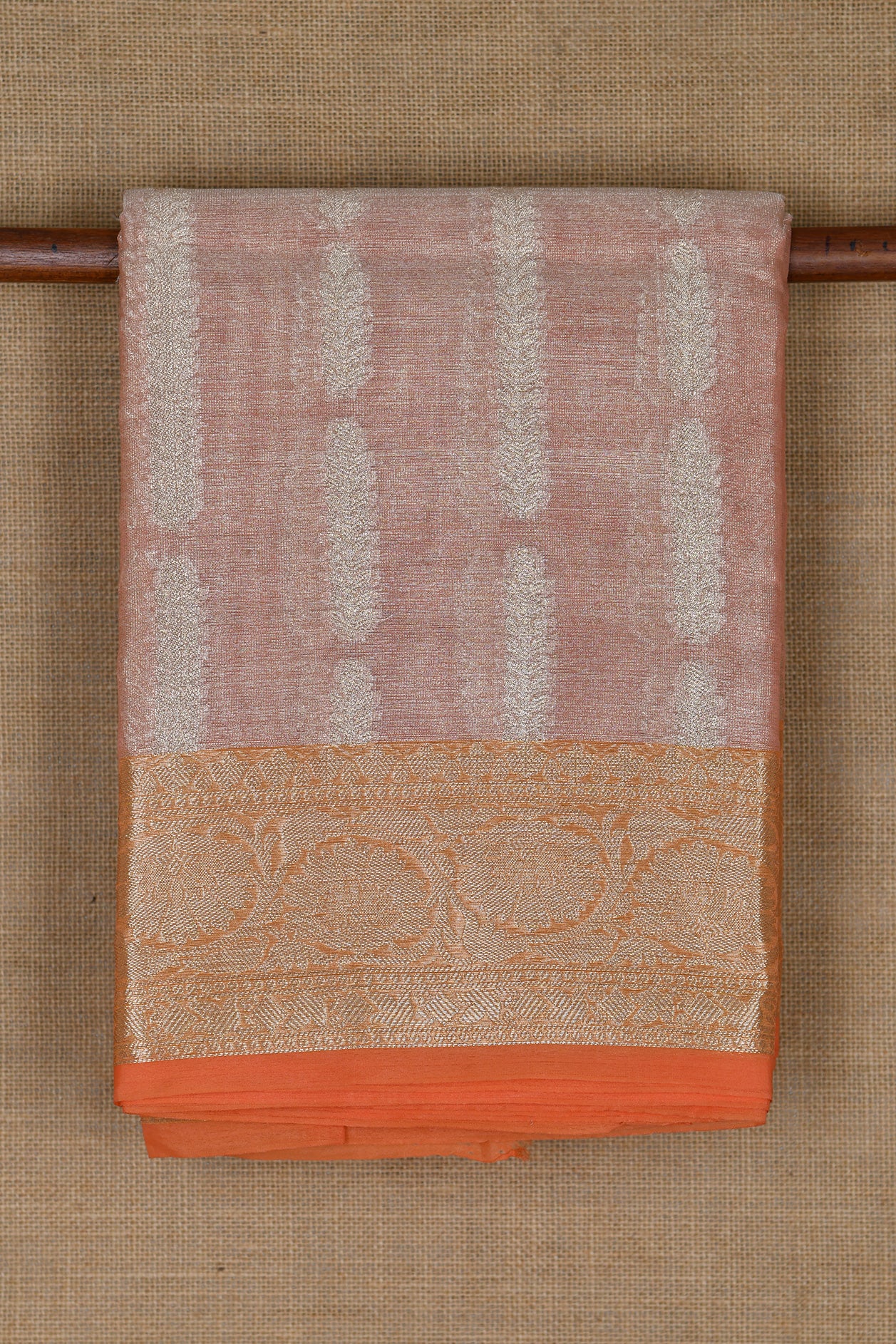  Floral Zari Border With Thoranam Design Gold Tissue Peach Pink Semi Banaras Silk Saree 