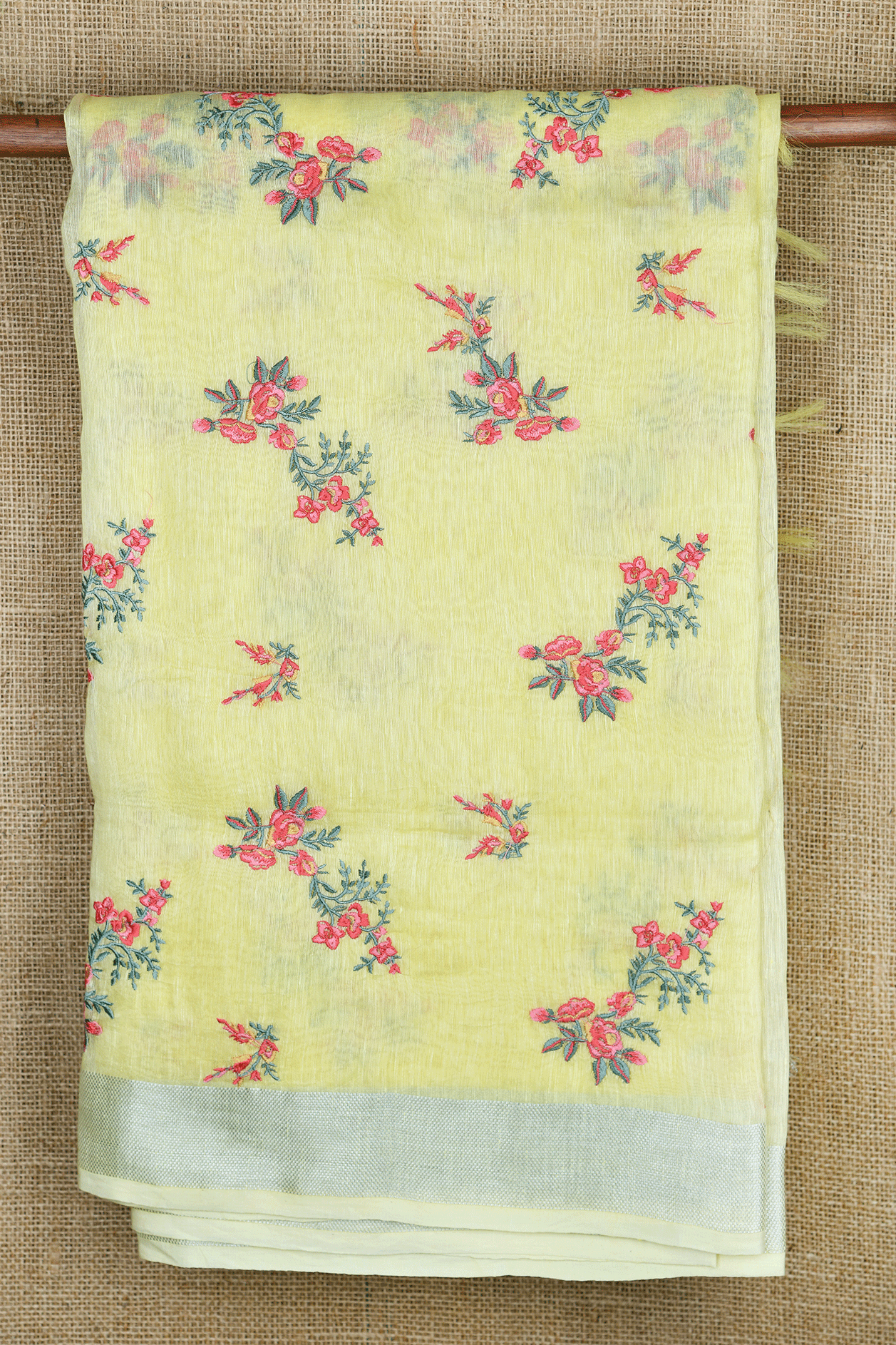  Embroidered Work Lemon Yellow Linen Cotton Saree 