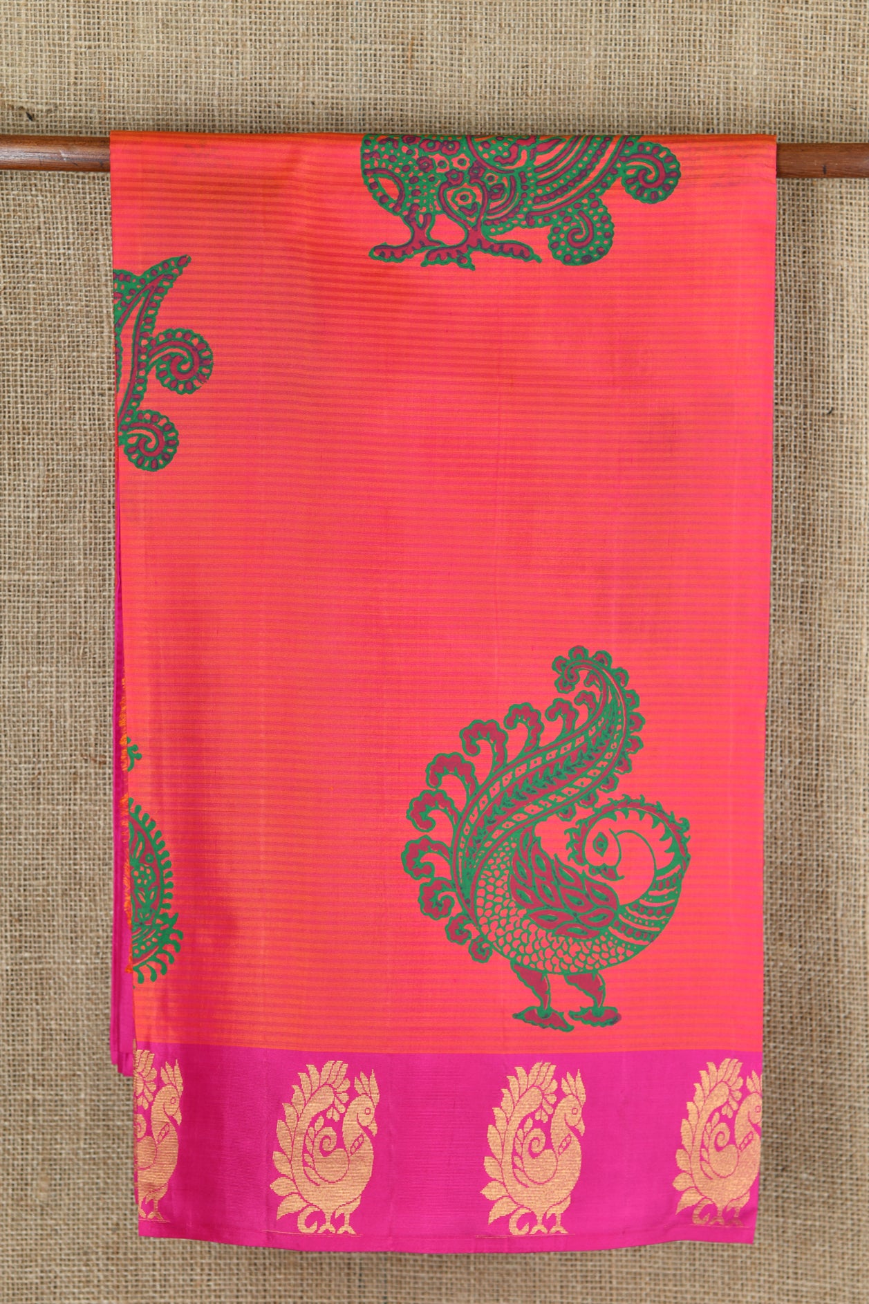  Peacock Motif Peach Orange Printed Silk Saree 