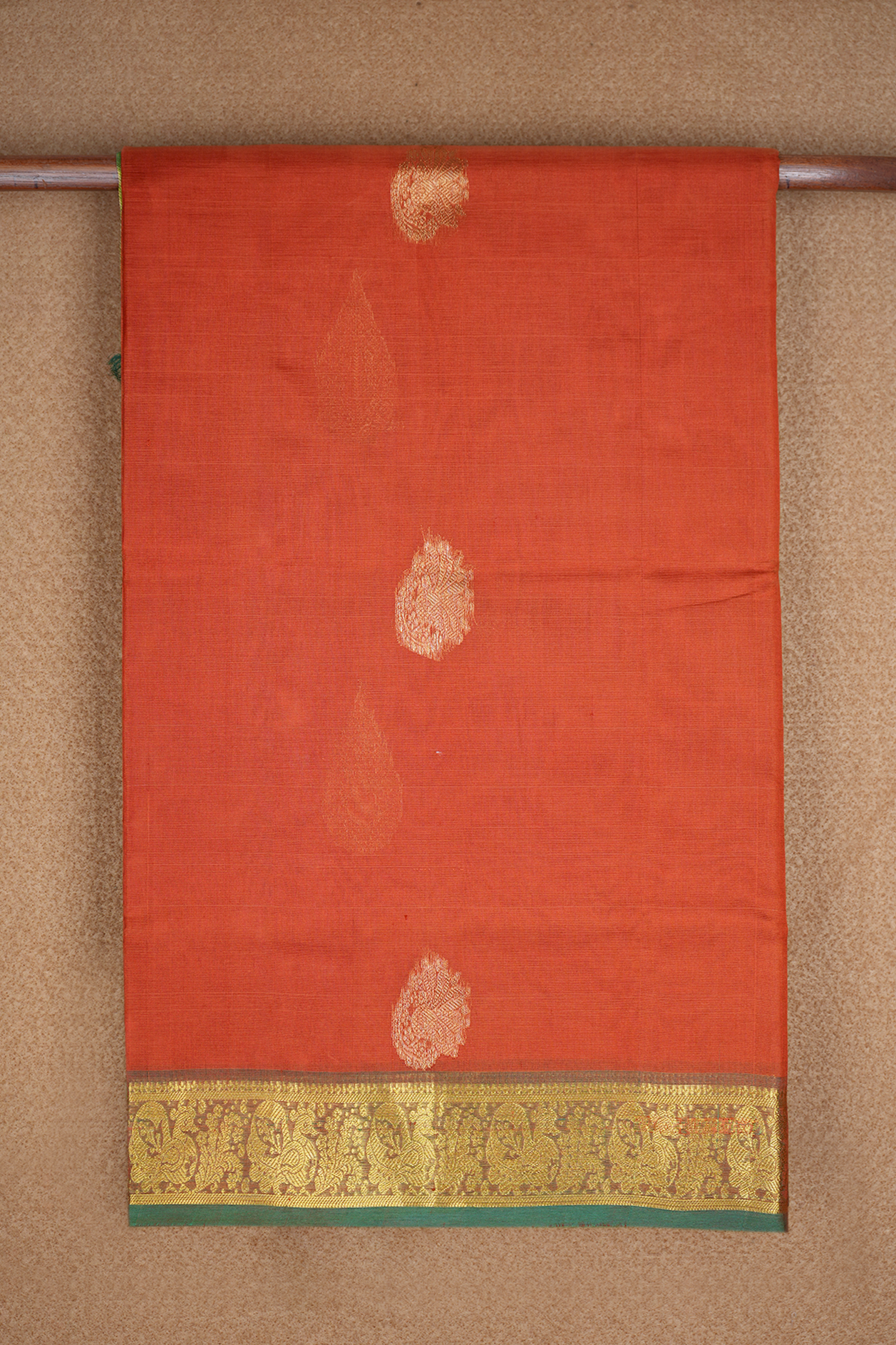  Peacock Zari Motif Rust Orange Traditional Silk Cotton Saree 