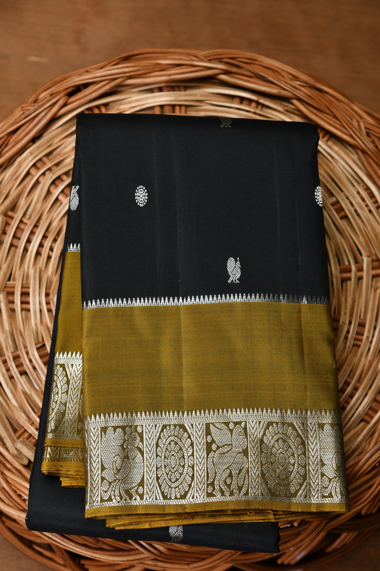  Contrast Border Peacock Butta Black Kanchipuram Silk Saree 