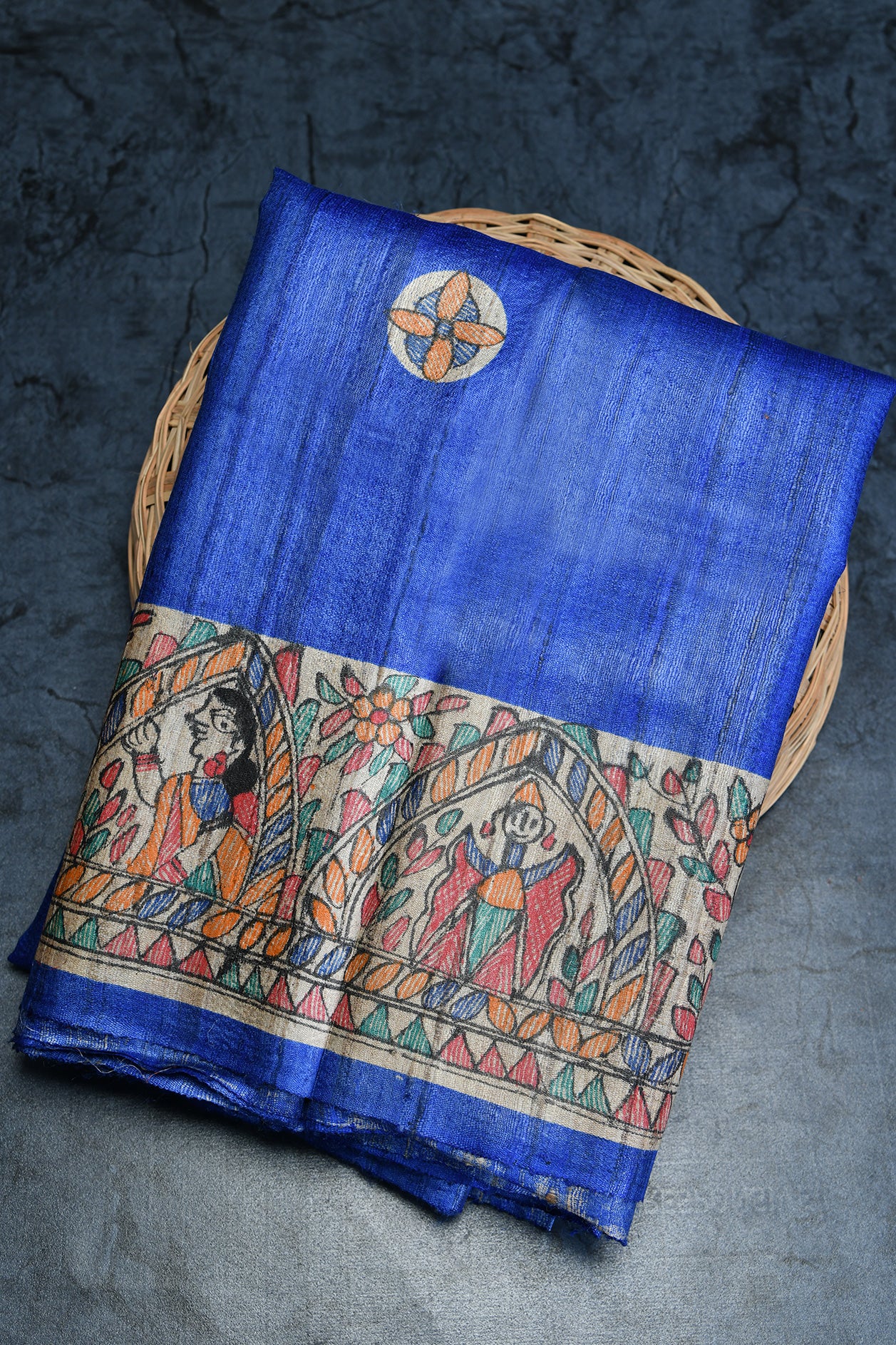  Hand Painted Madhubani Royal Blue Tussar Saree 