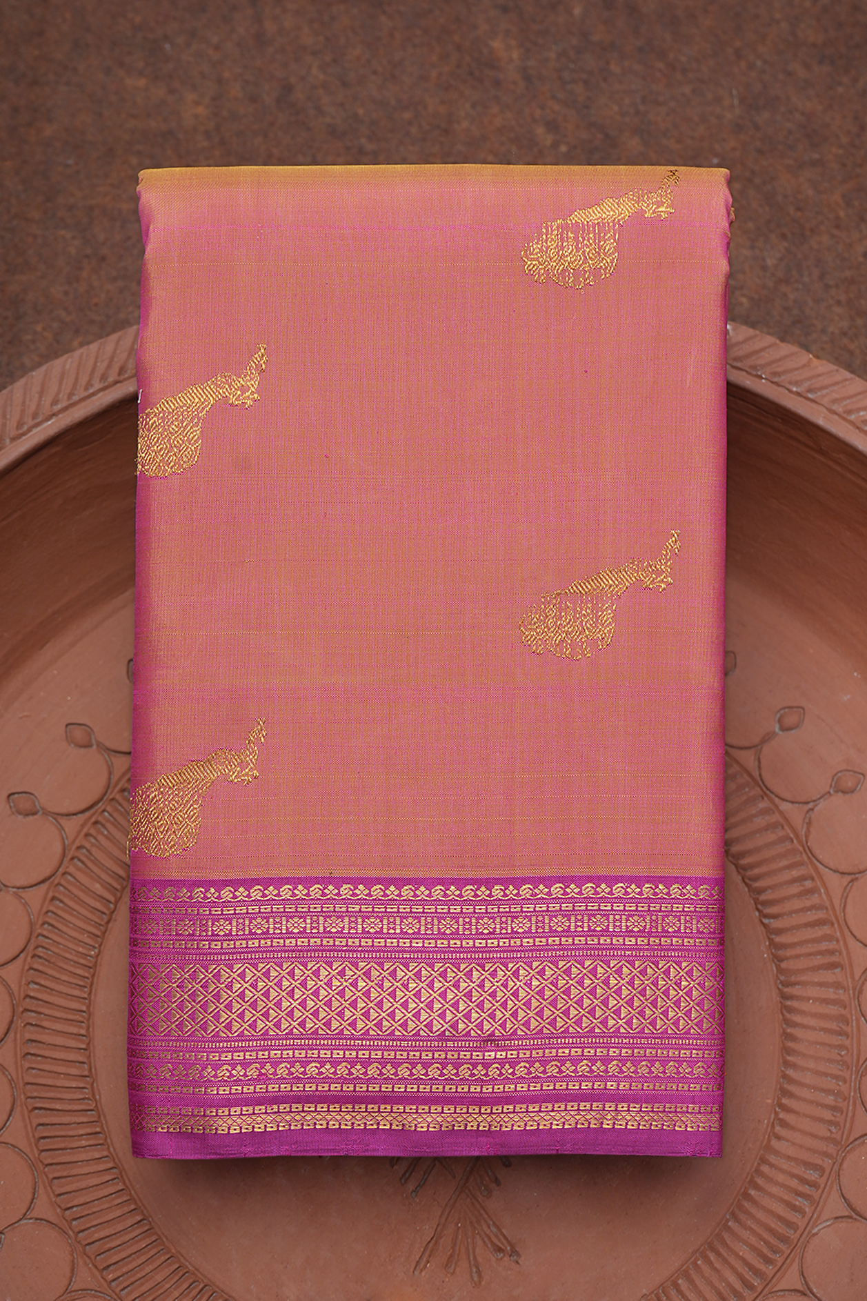  Peacock Zari Motifs Blush Pink Kanchipuram Silk Saree 