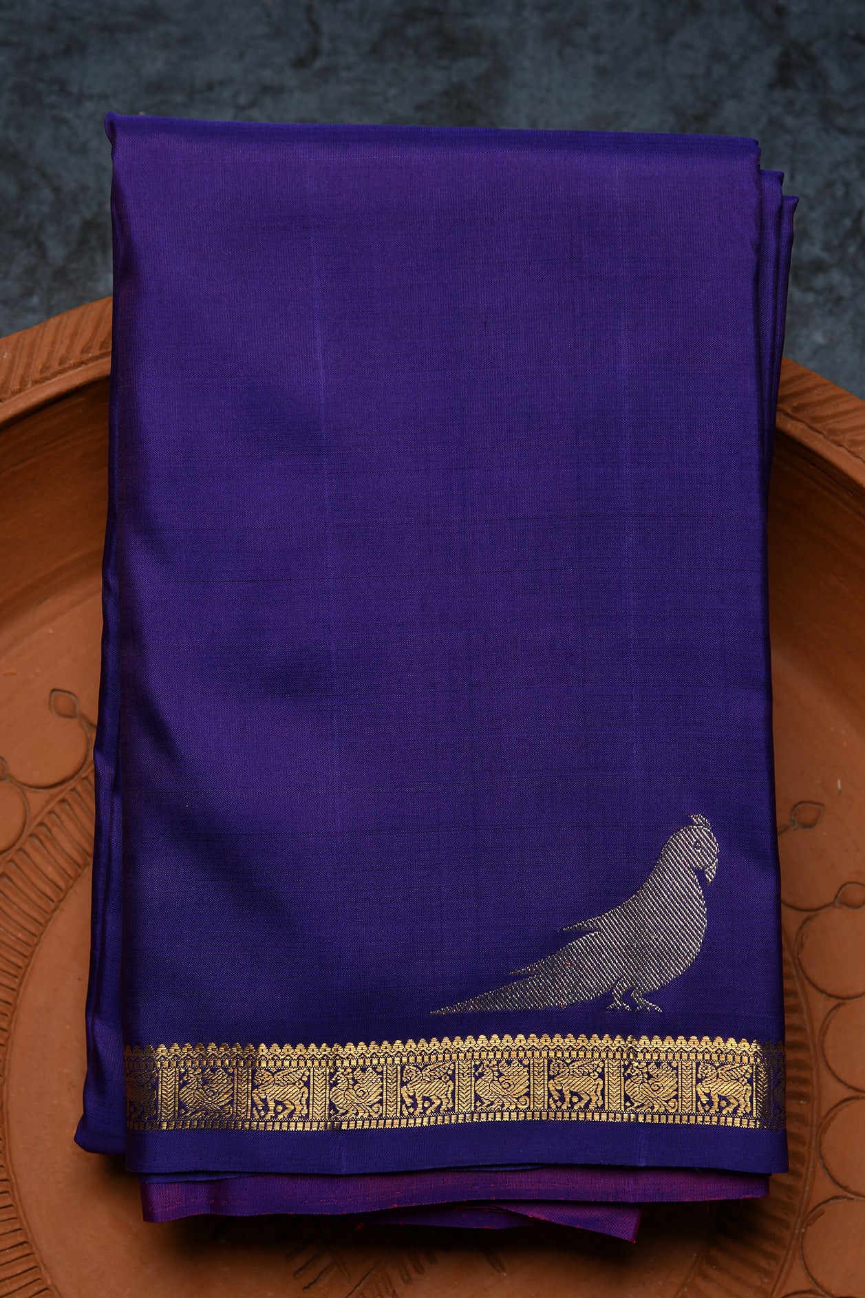  Animal Design Small Zari Border With Silver Zari Parrot Motif Navy Blue Kanchipuram Silk Saree 