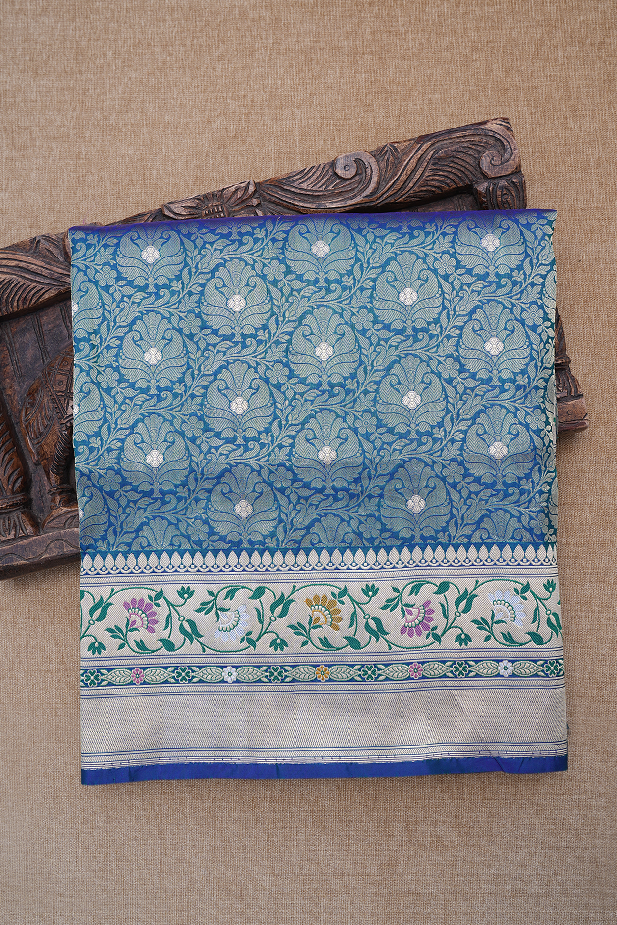  Zari Border In Brocade Peacock Blue Banarasi Silk Saree 