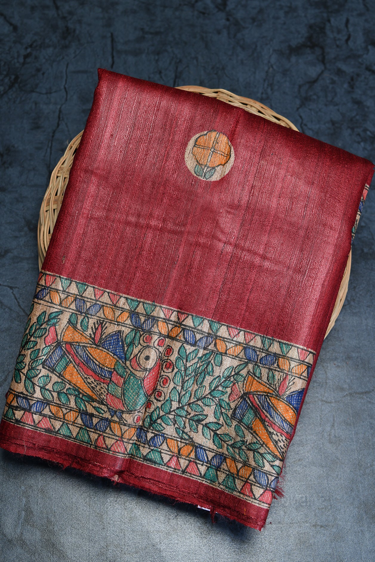  Hand Painted Madhubani Cherry Red Tussar Saree 