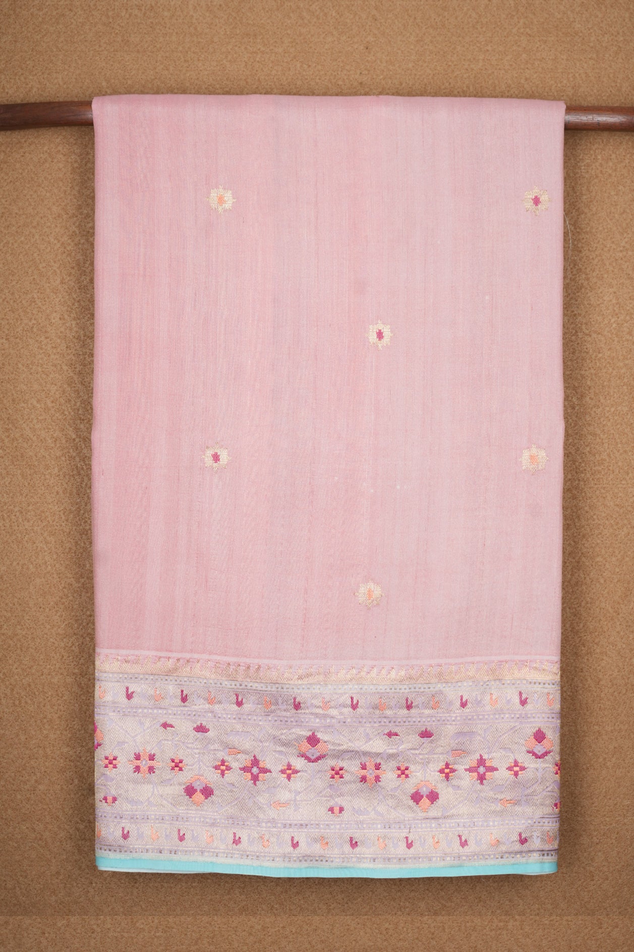  Gold Zari Star Motifs Lemonade Pink Banaras Silk Saree 