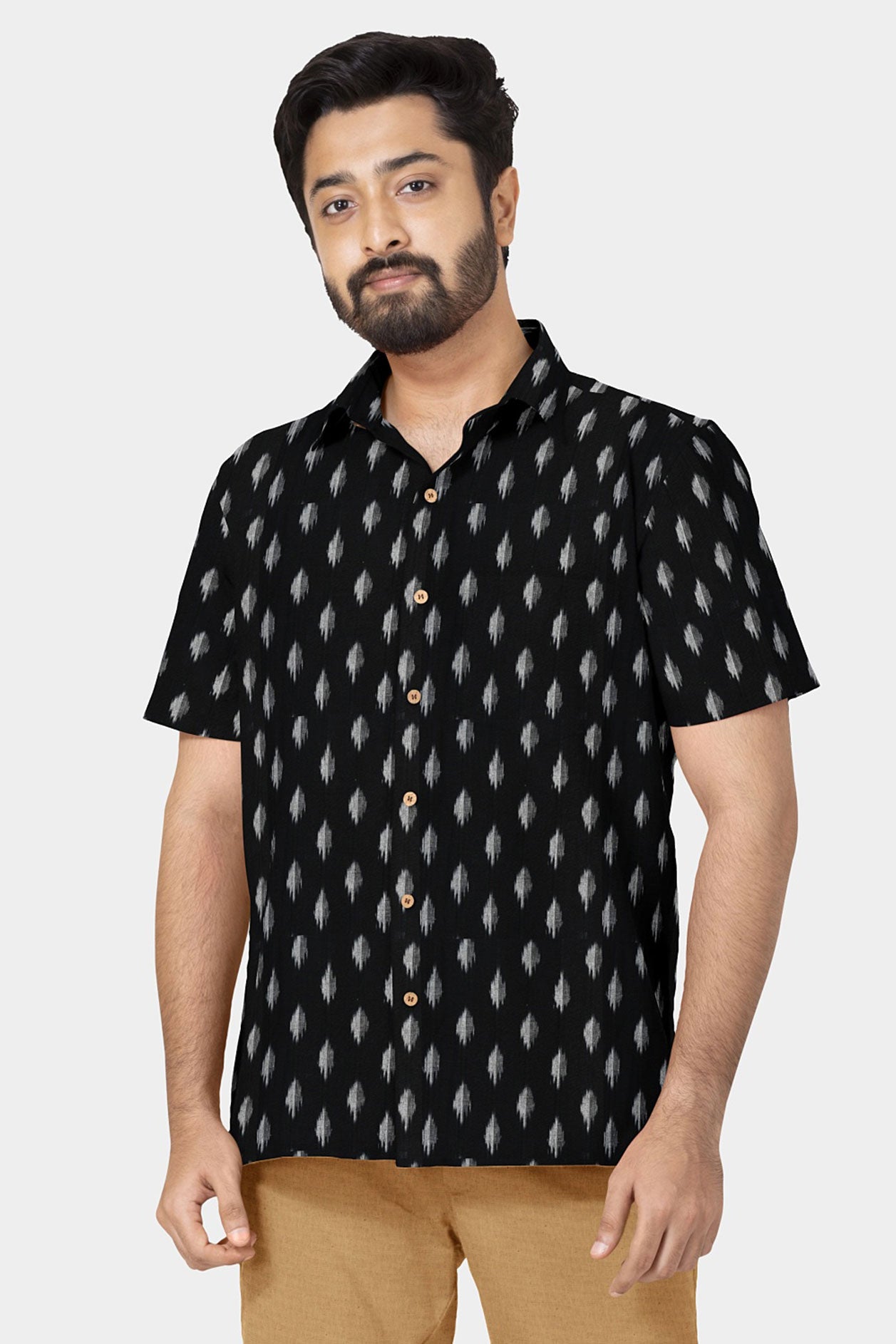  Regular Collar Ikat Design Black Cotton Shirt 