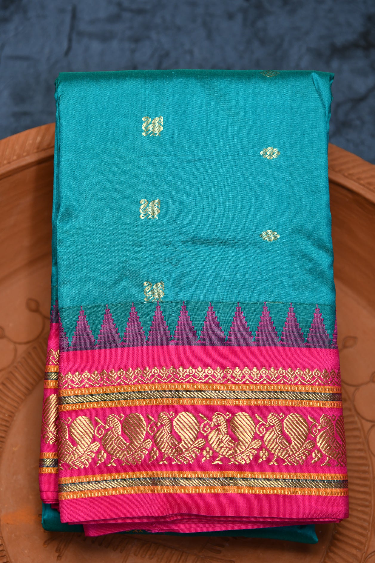  Temple Border Annam Butta Turquoise Blue Kanchipuram Silk Saree 