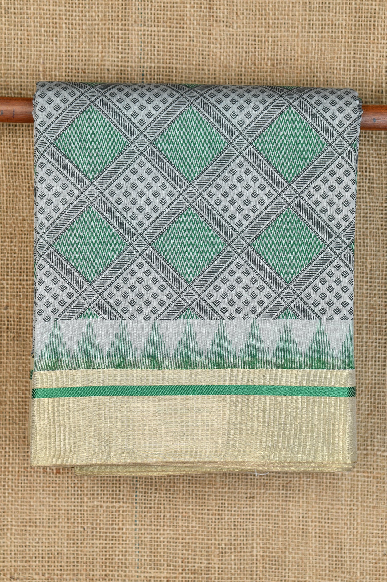  Temple Border With Geometric Design Grey And Green Chanderi Cotton Saree 