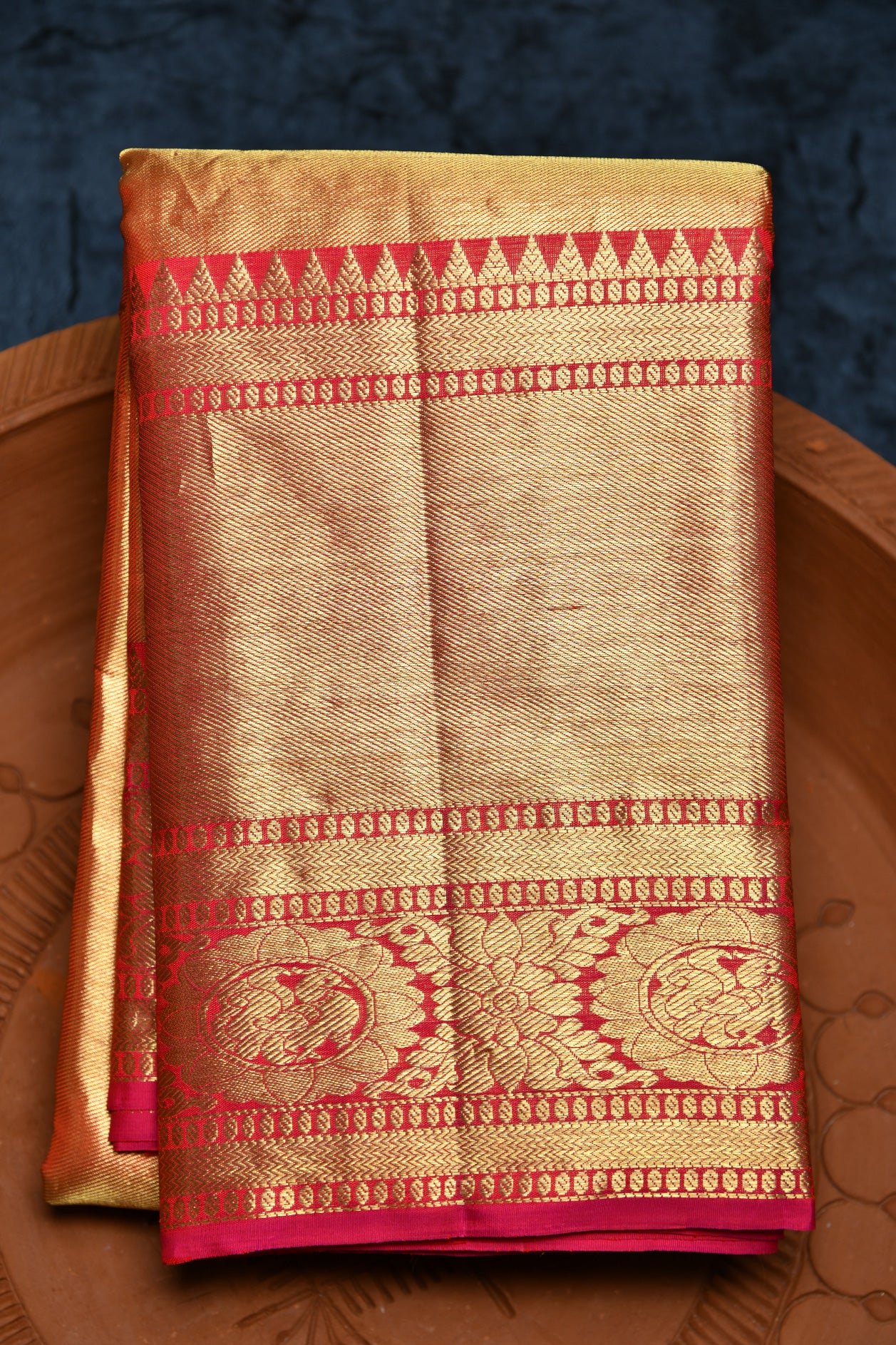  Peacock And Lotus Floral Border Golden Red Kanchipuram Silk Saree 