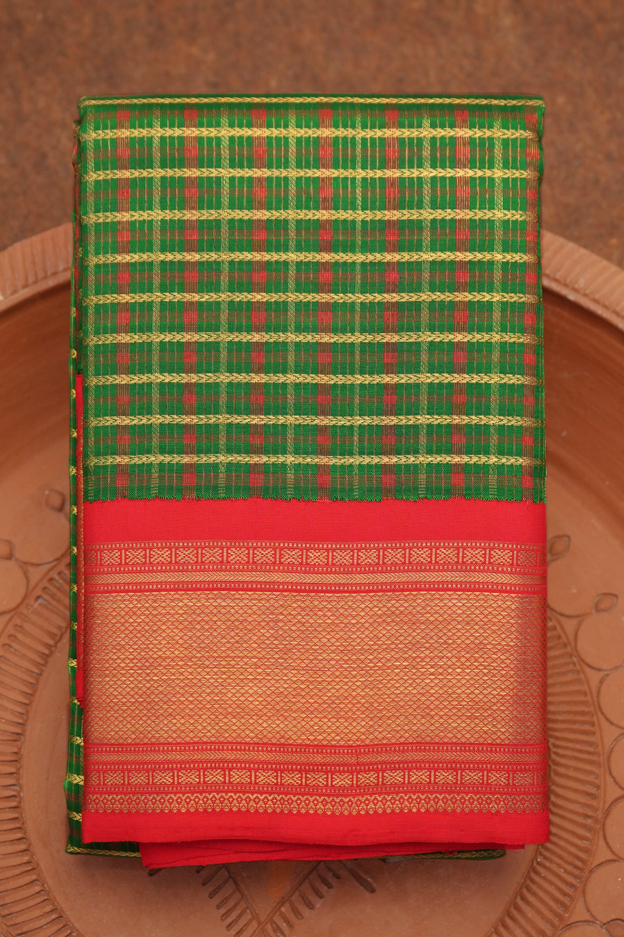  Contrast Korvai Border Emerald Green Kanchipuram Silk Saree 