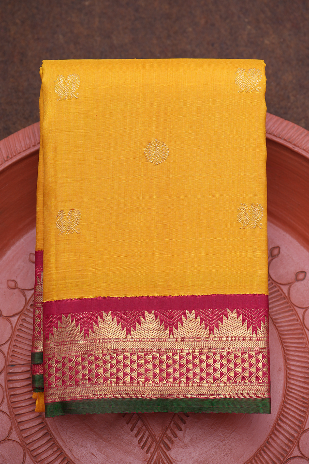  Peacock Floral Buttas Mustard Yellow Kanchipuram Silk Saree 