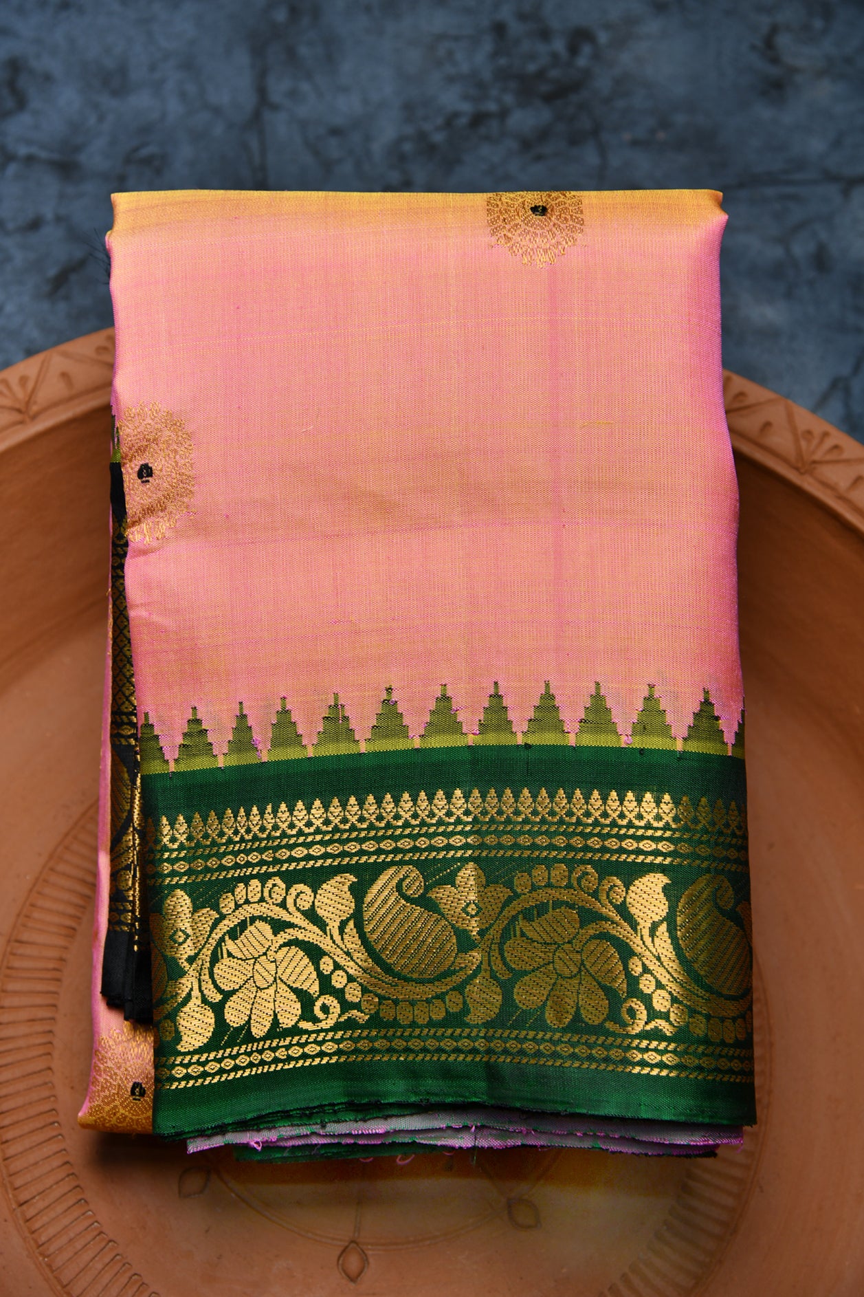  Temple Border Zari Butta Pinkish Orange Gadwal Silk Saree 