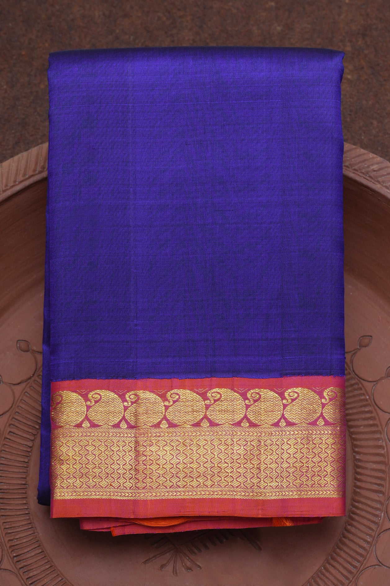  Contrast Korvai Zari Border Plain Royal Blue Kanchipuram Silk Saree 