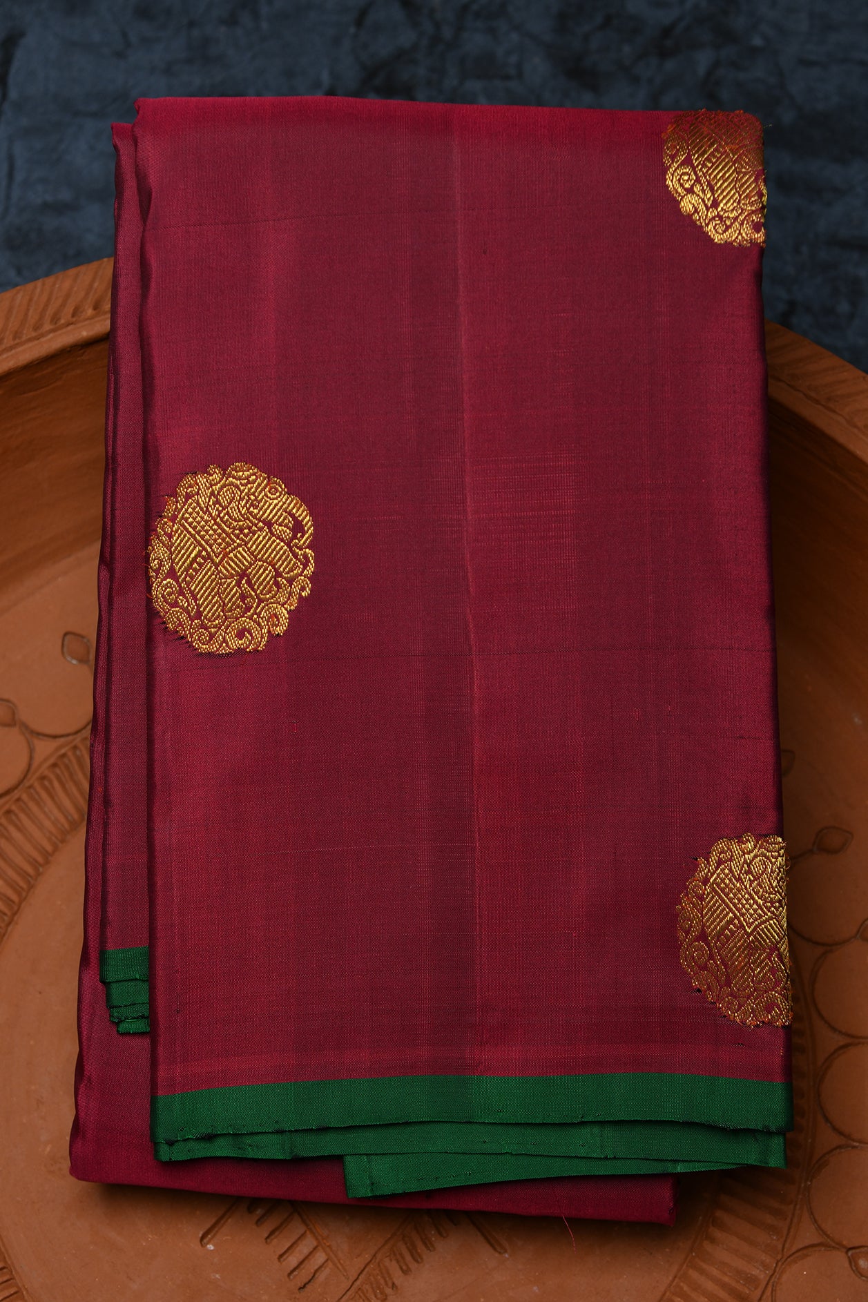  Elephant Motif Burgundy Kanchipuram Silk Saree 