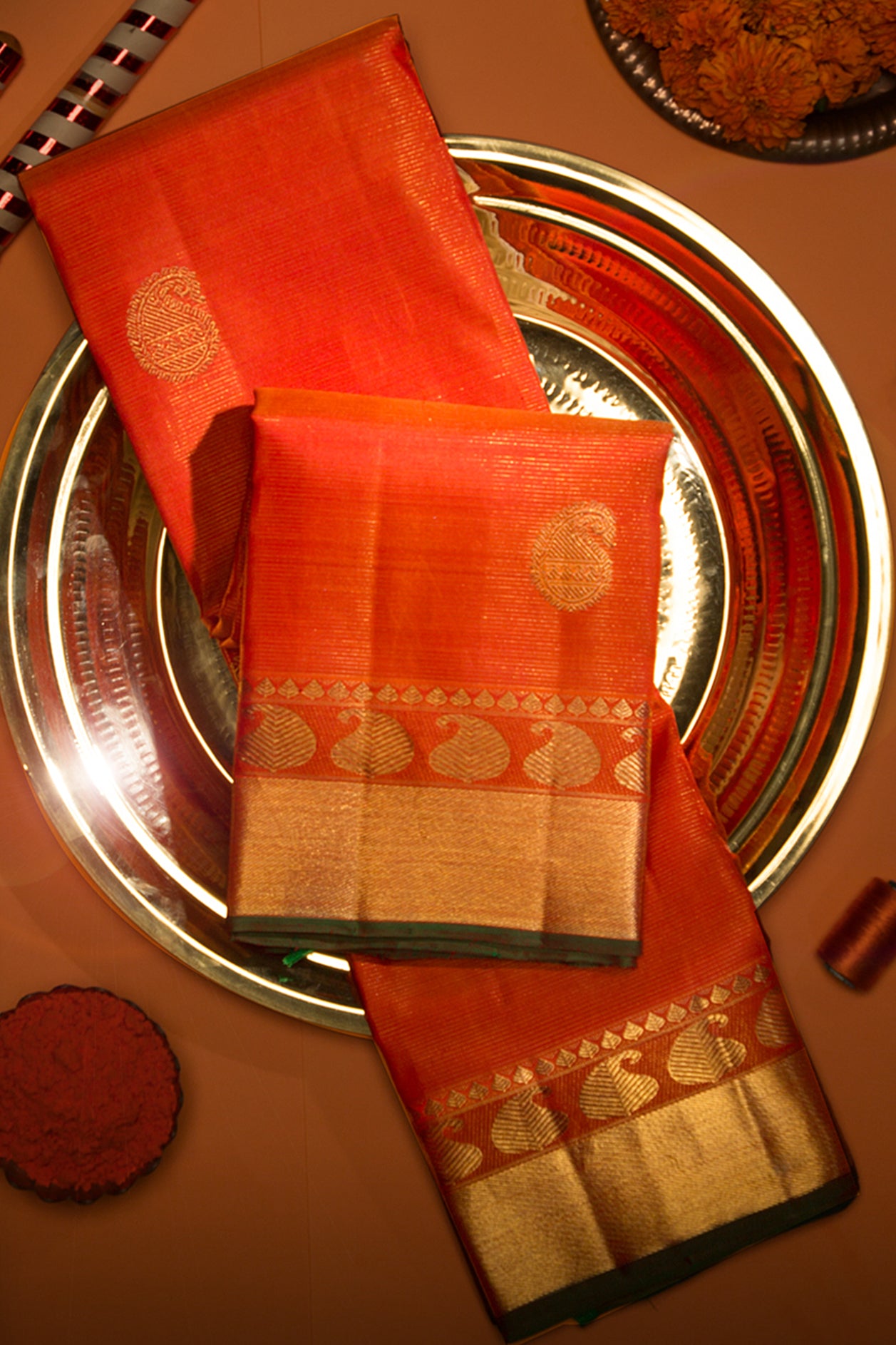  Paisley Zari Motifs Spiced Orange Kanchipuram Silk Saree 