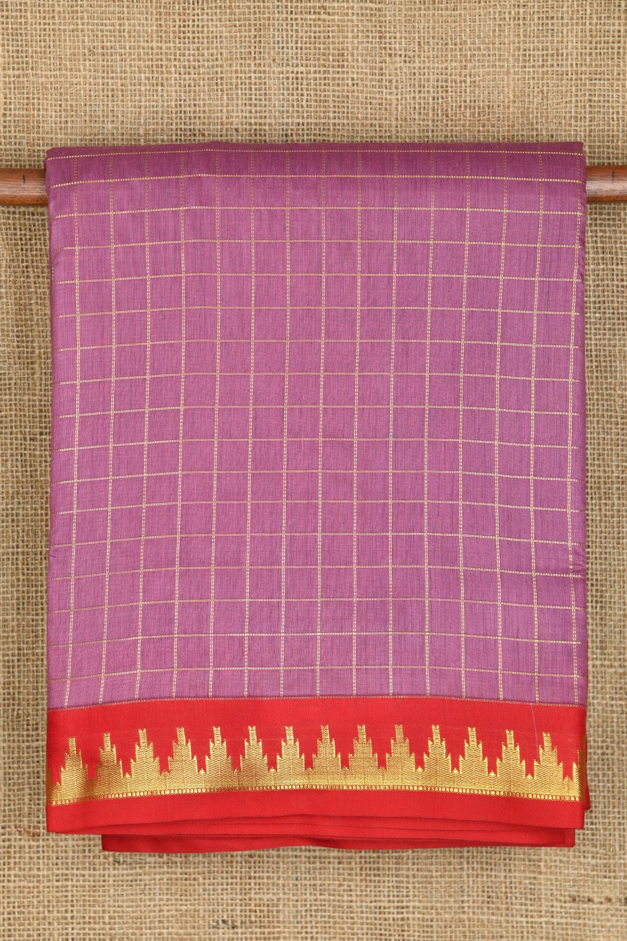  Contrast Zari Temple Border With Checks Mauve Purple Nine Yards Apoorva Silk Saree 