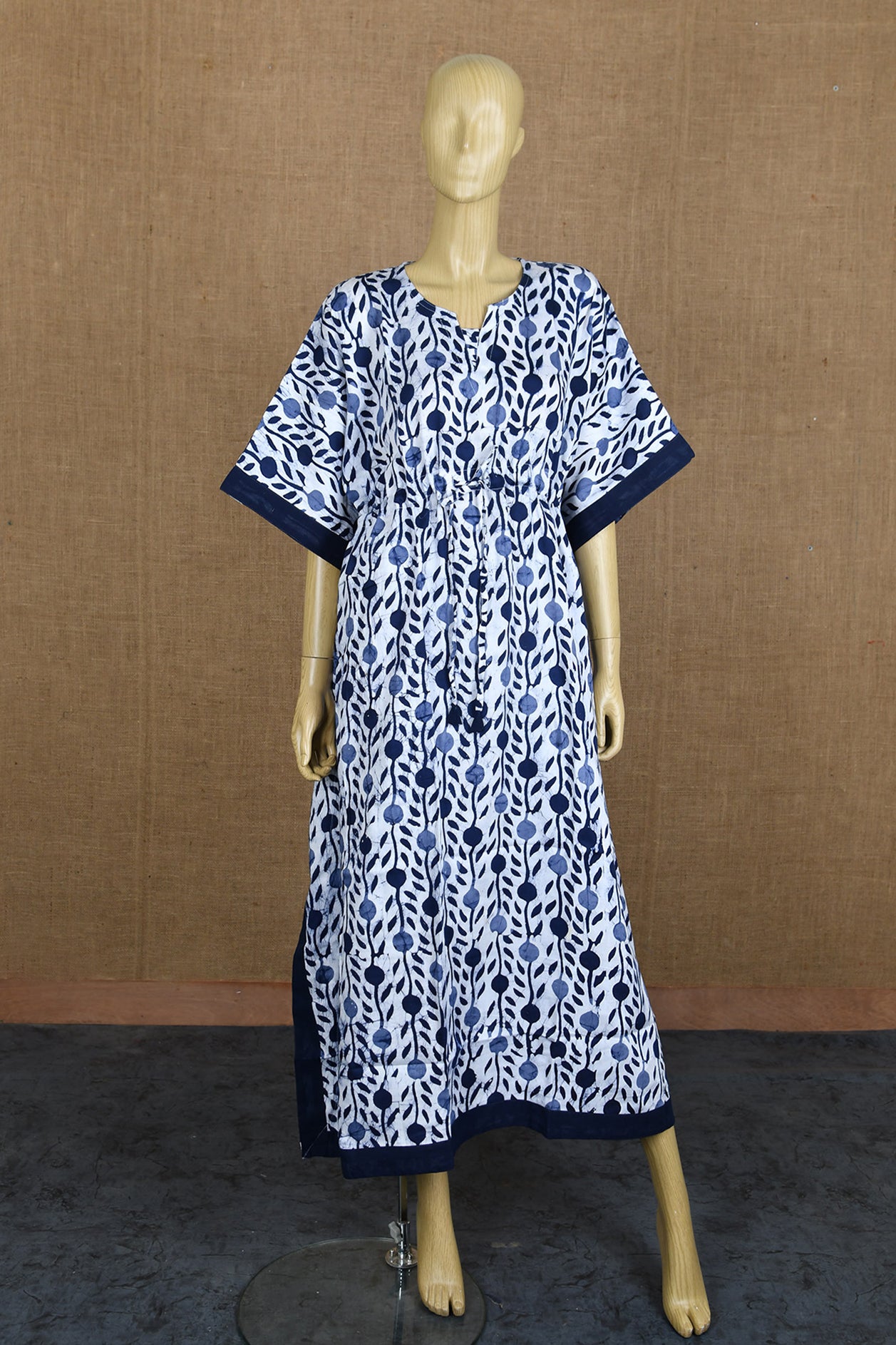  Patch Work U-Neck With Tie-Up White And Navy Blue Printed Cotton Kaftans 