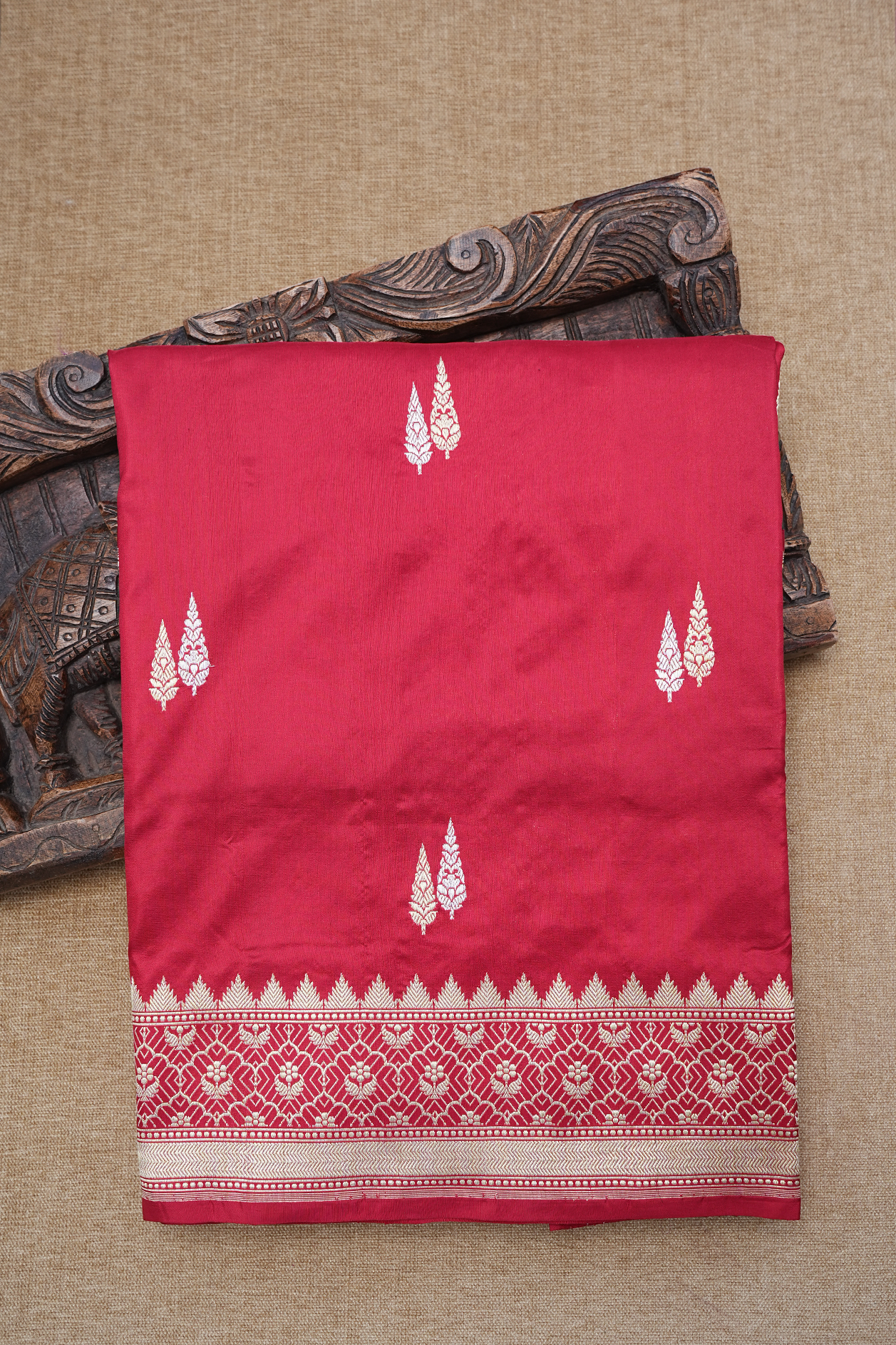  Rain Drop Zari Buttas Crimson Red Banarasi Silk Saree 