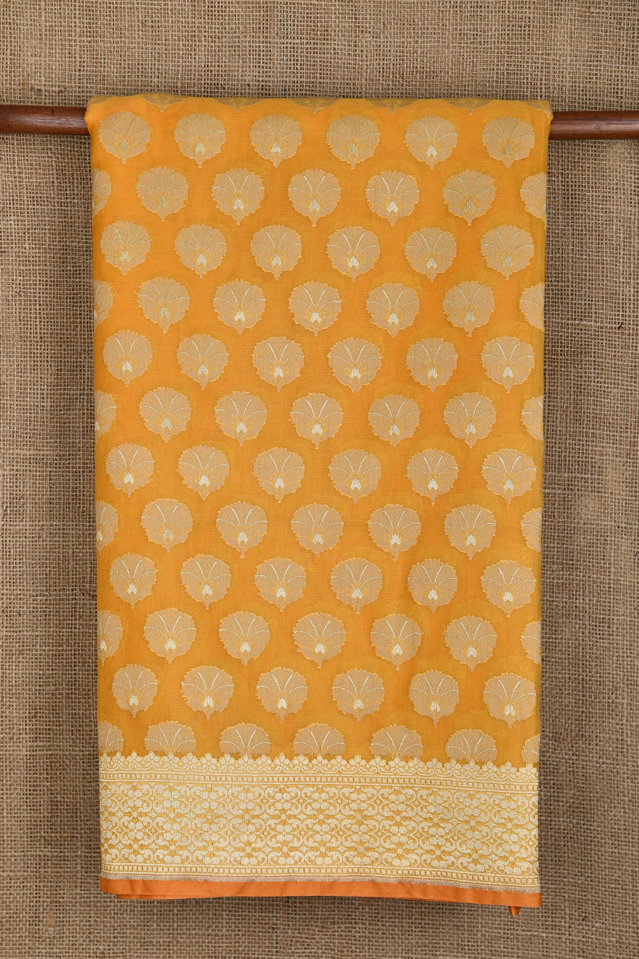  Silver Zari Border With Floral Butta Marigold Yellow Banaras Silk Saree 