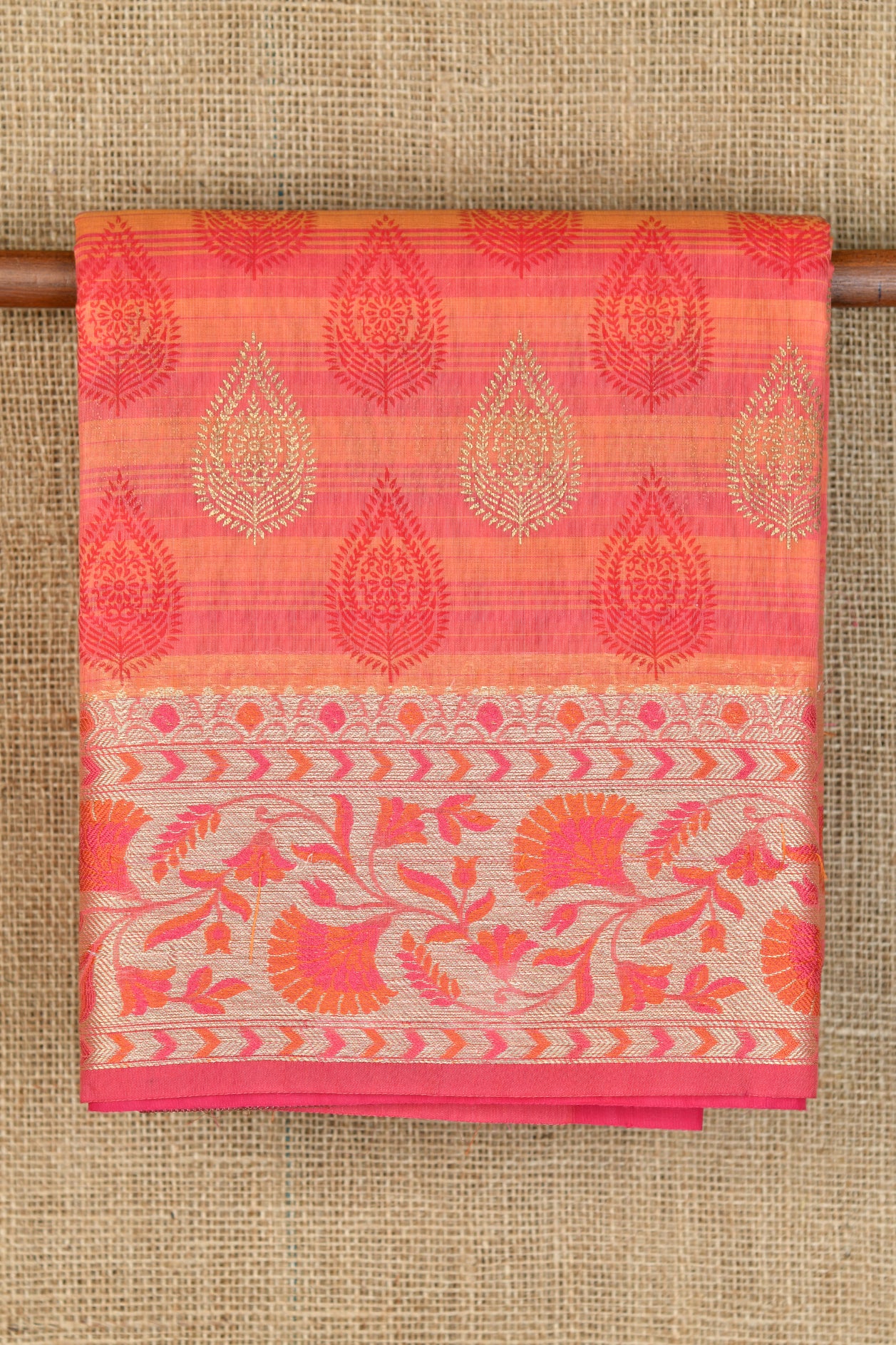  Thread Work Border With Printed Buttis Coral Pink Chanderi Cotton Saree 