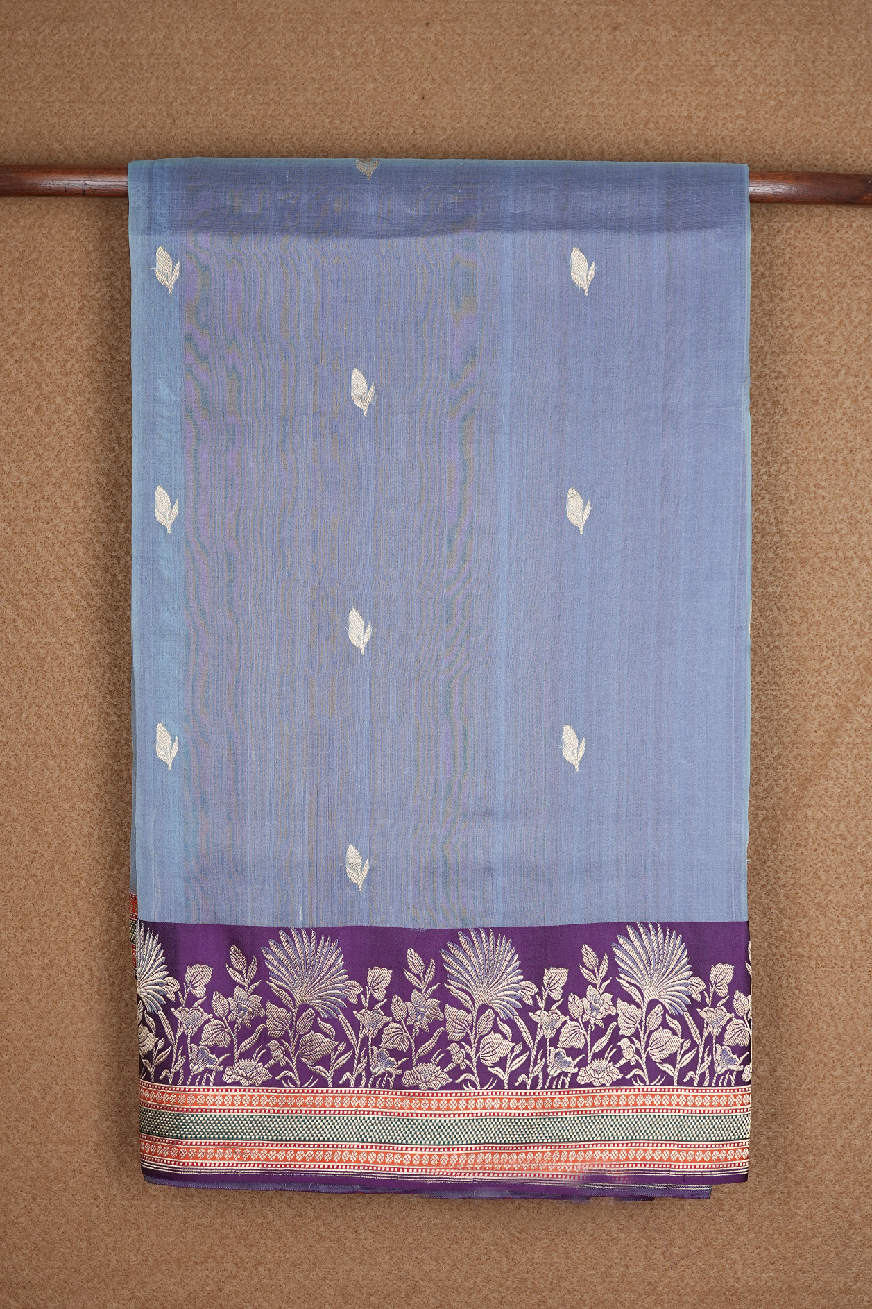  Floral Zari Motifs Steel Blue Organza Banarasi Silk Saree 