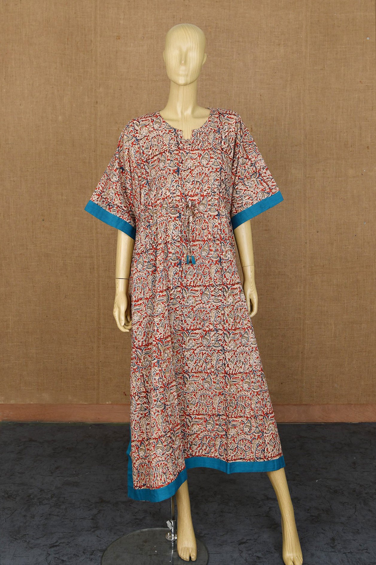  Patch Work U-Neck With Tie-Up Kalamkari Printed Multicolor Cotton Kaftans 