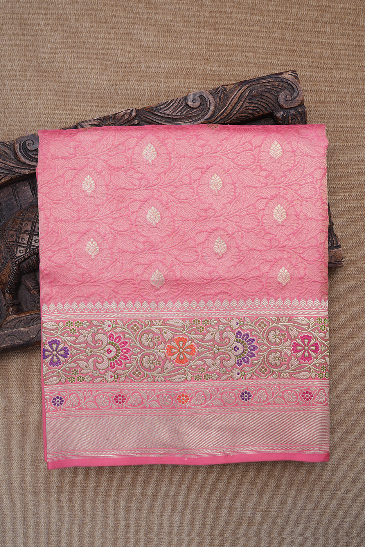  Zari Border In Brocade Coral Pink Banarasi Silk Saree 