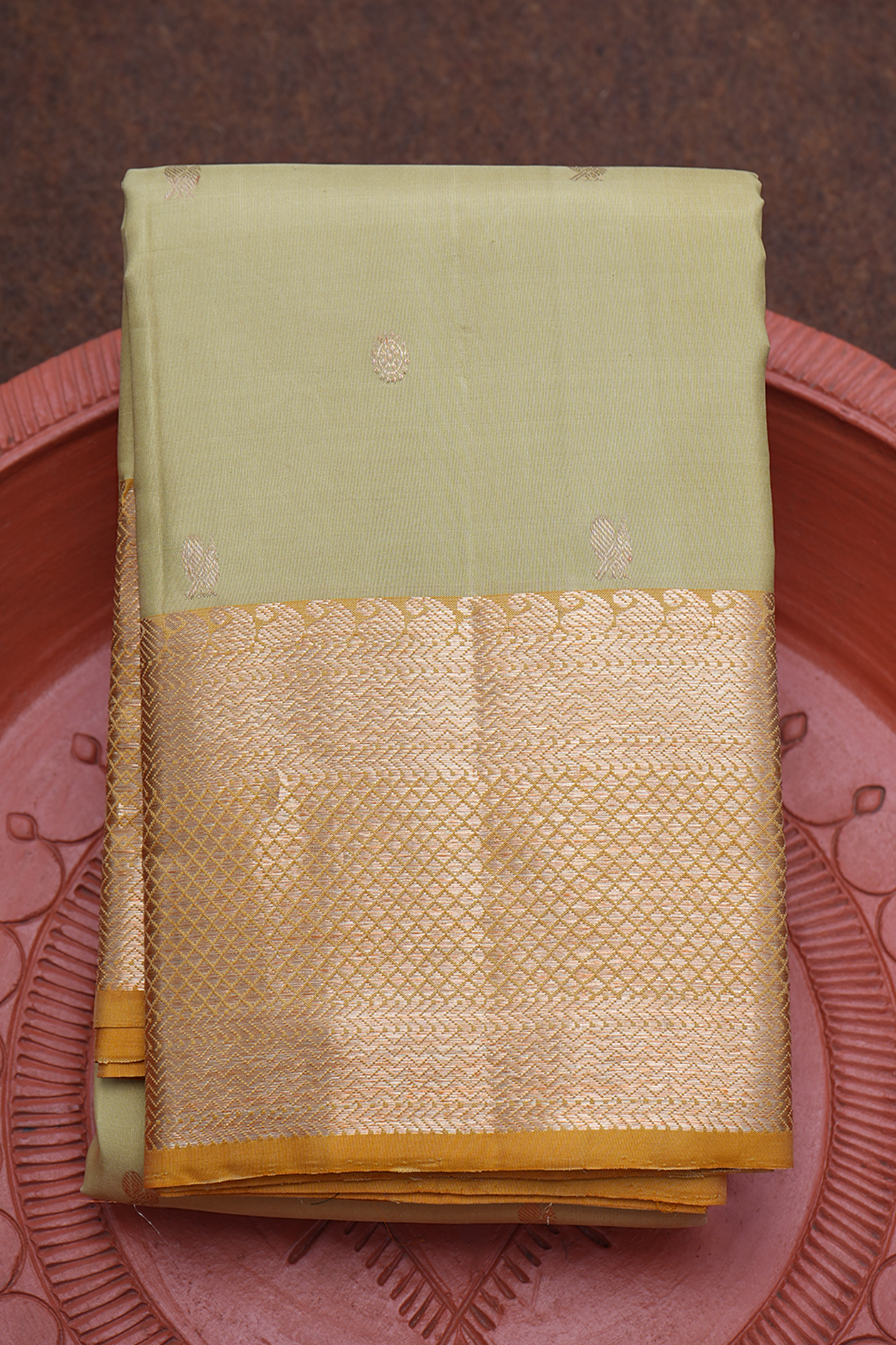  Peacock Floral Buttis Green Beige Kanchipuram Silk Saree 