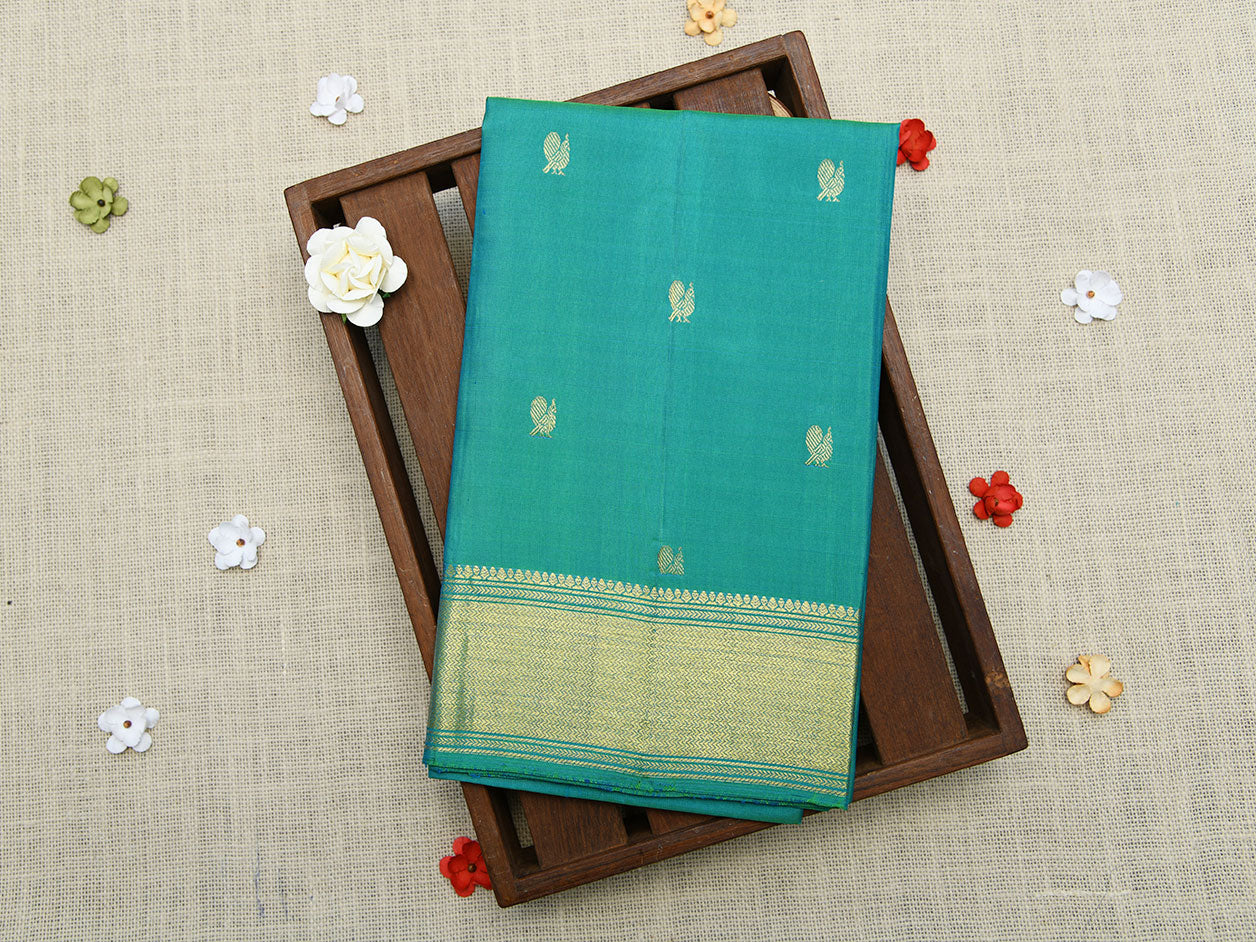  Zari Annam Buttis Teal Green Kanchipuram Silk Unstitched Blouse Material 