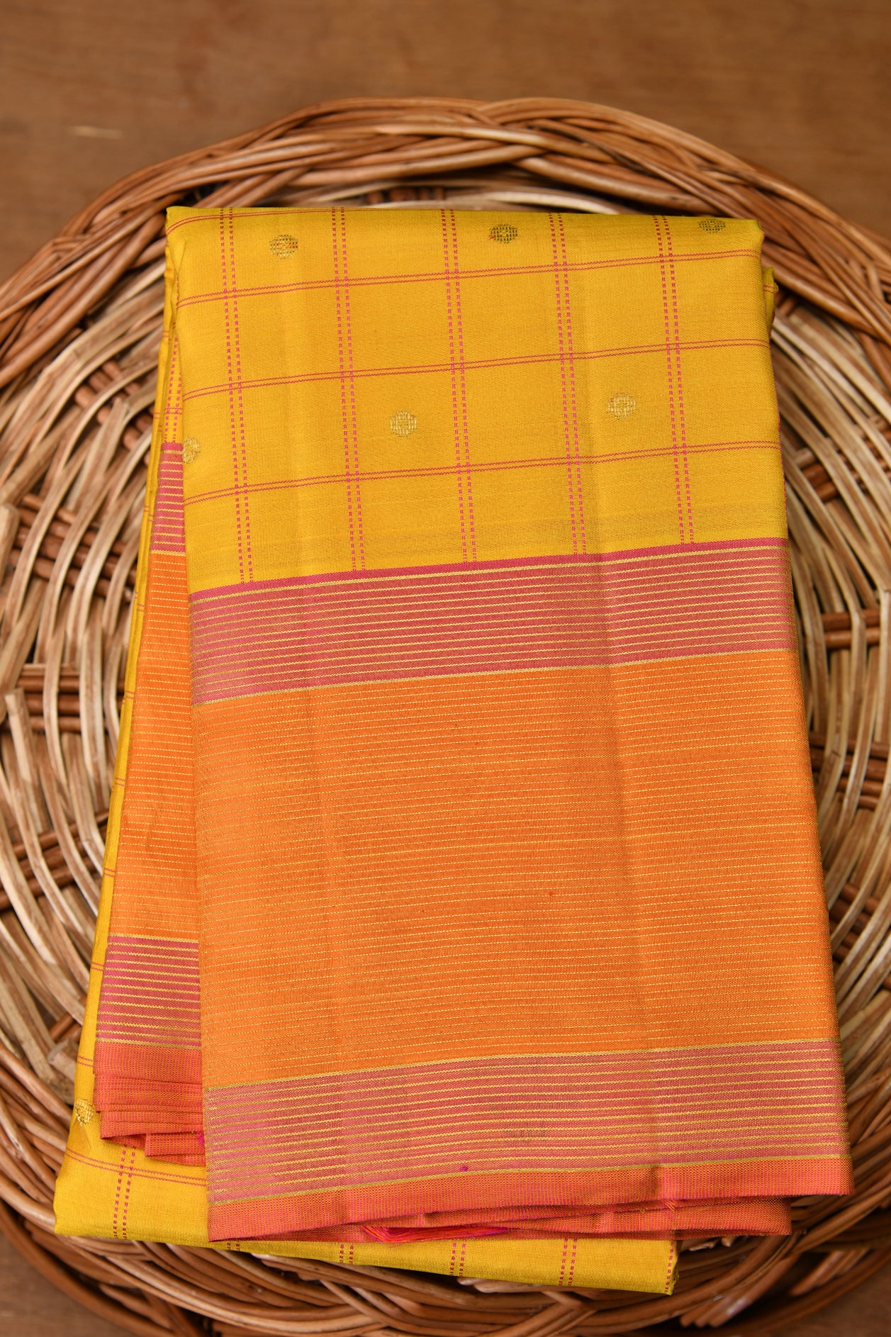  Thread Work Checked Yellow Kanchipuram Silk Saree 