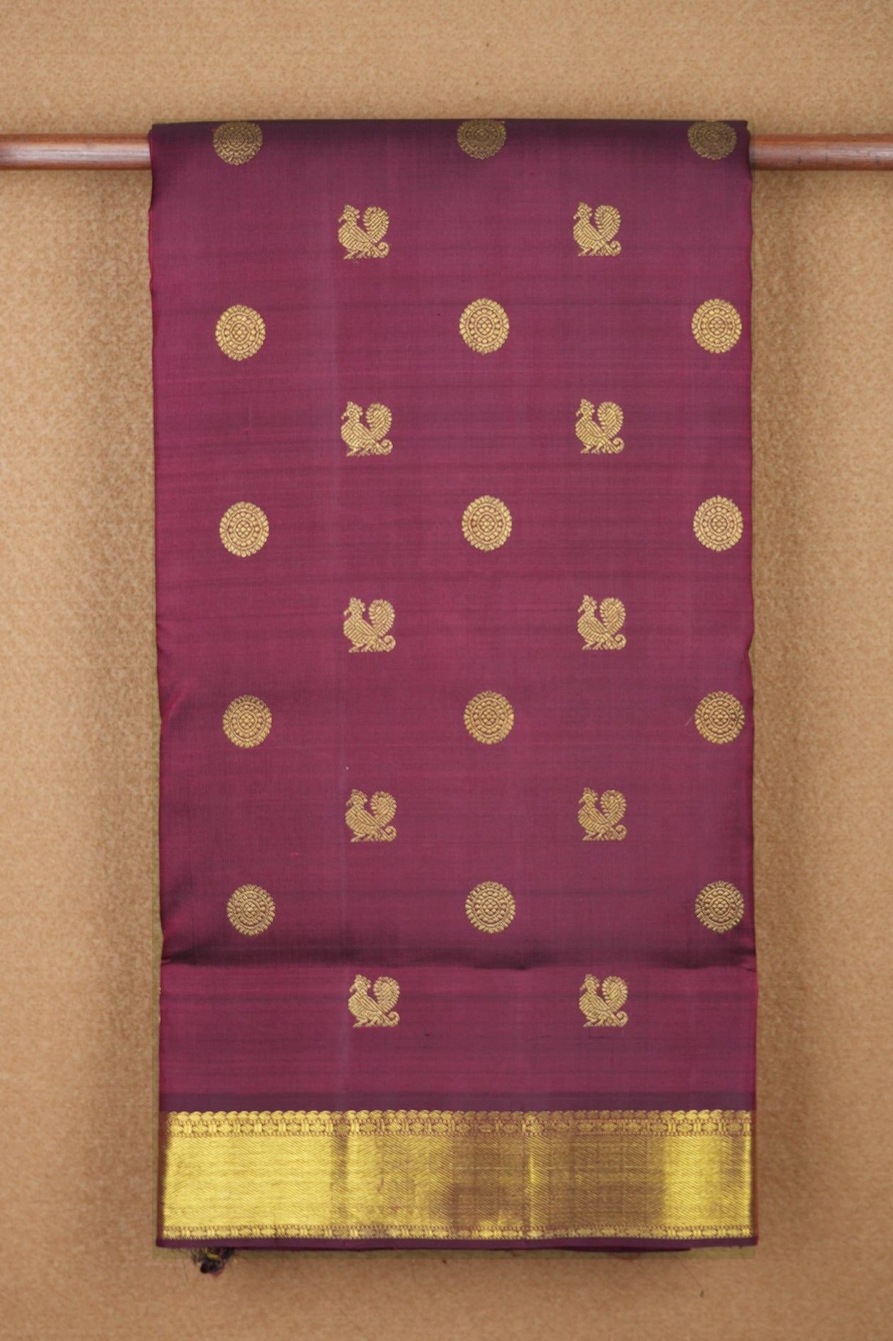  Peacock Chakram Motif Maroon Kanchipuram Nine Yards Silk Saree 