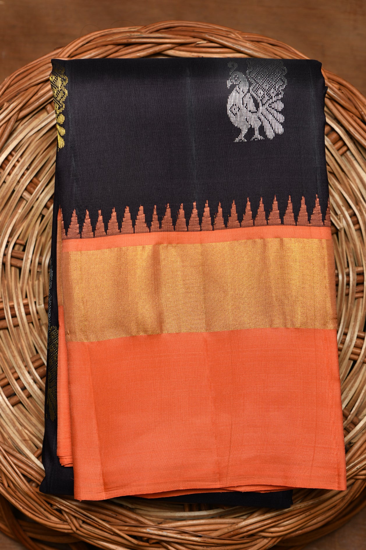  Peacock Zari Butta Black Kanchipuram Silk Saree 