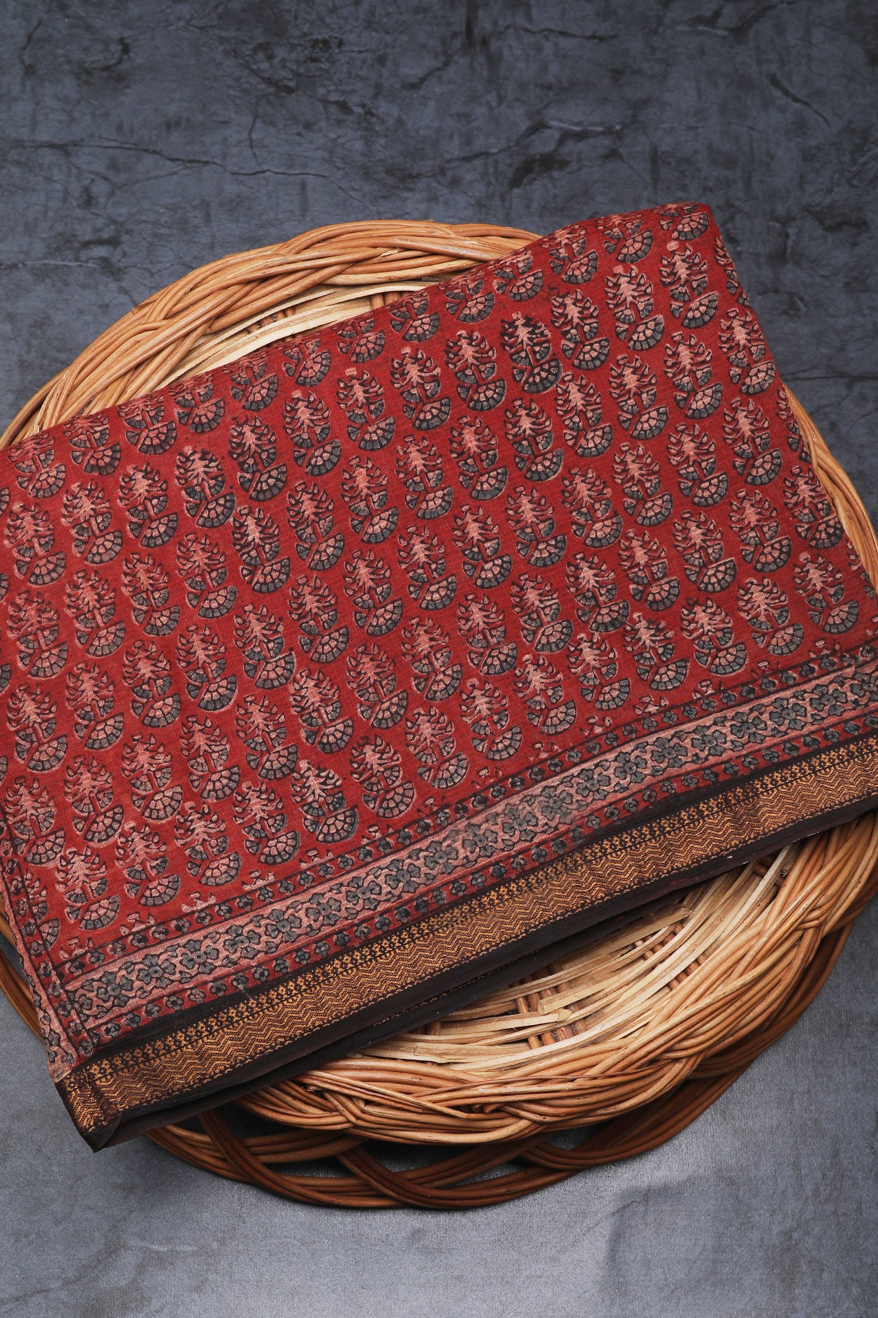  Brick Red Ajrakh Hand Block Printed Cotton Saree 